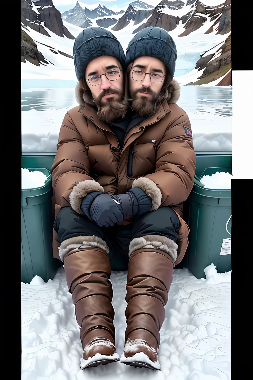 man, adiult, 40 years old, middle aged, sitting,boot,hood,beard,snow,antarctica,cold,frozen, winter clothing , pensive, 8k, photography, realistic, Swedish, conjoined dicephalus, two heads, snowy wilderness in background, with stuff, drinking from a bottle of vodka