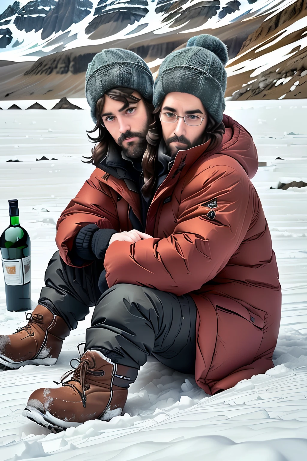 man, adiult, 40 years old,  middle aged, sitting,boot,hood,beard,snow,antarctica,cold,frozen, winter clothing , pensive, 8k, photography, realistic, Swedish, conjoined dicephalus, two heads, snowy wilderness in background, with stuff, drinking from a bottle of vodka