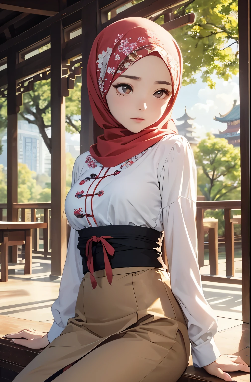 (Close-up of the painting style，Ultra HD 8K，Masterpiece grade CG wallpaper)，Cinematic lighting，cute girly，Delicate and beautiful face，Dreamy pupils，Wearing a small floral blouse，bound waist,hijabi,Bust poem,Sit，Cloudy background,the trees,florals,夏天,Chinese style buildings。