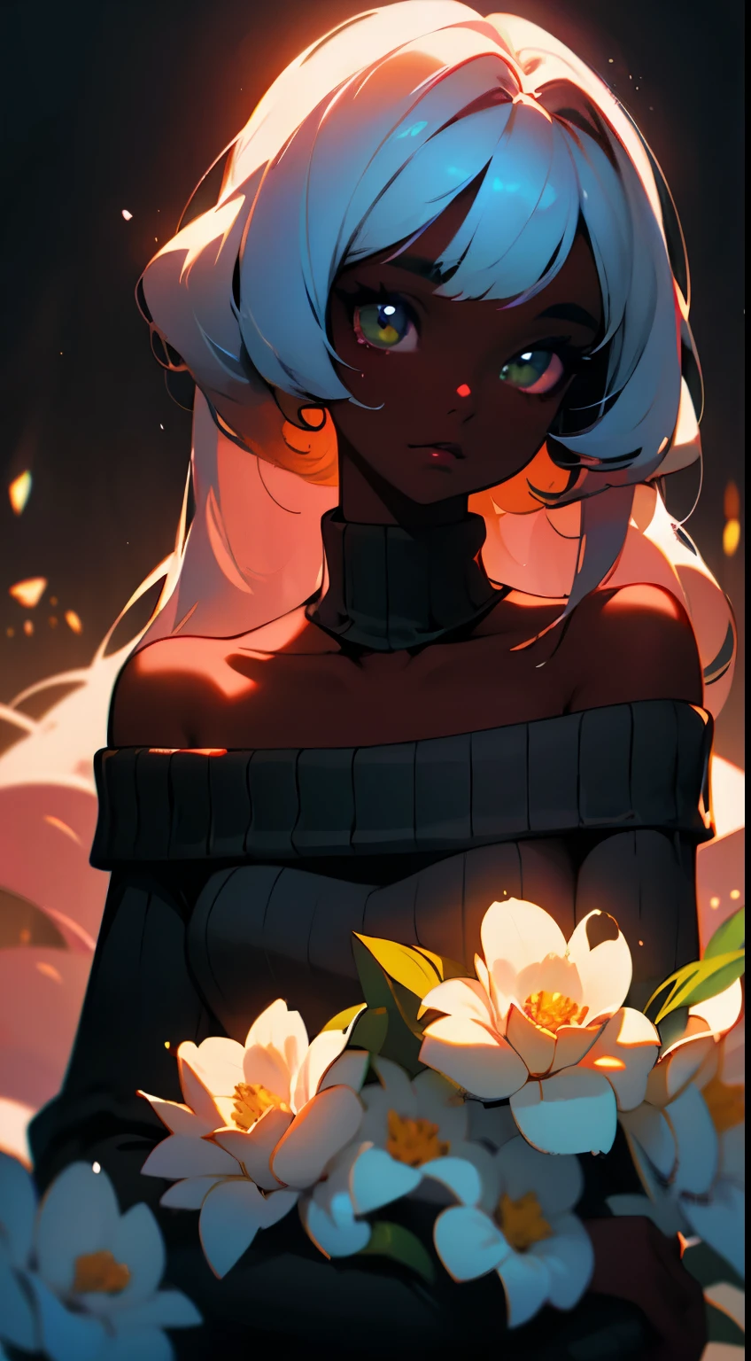 Upper body shot, ((beautiful black woman with flawless dark skin)), long hair with bright gradient glow under hair, clearly defined facial features, big detailed eyes, ((( wearing an off the shoulder sweater))) glowing flowers in the background, masterpiece, best high quality image,96k, uhd, depth of field, 1080P wallpaper, spotlight, character focus, high quality, insanely detailed, UHD picture quality in the style of Amy Sol