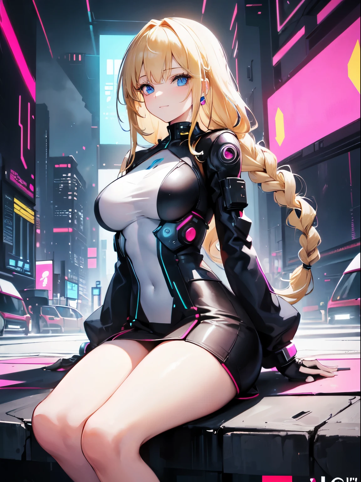 ((masterpiece, best quality)), High resolution, distinct image, (1girl), (solo), (female Focus), light smile, sitting on wall, (Cyberpunk beautiful female action), (blonde side braid hair 1.2), (blue eyes), (eyelashes), (large breasts 1.4), Arms behind back, neon city, cyberpunk , oficial art,