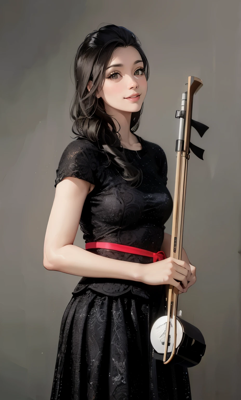 (Best quality at best,4K,8K,A high resolution,tmasterpiece:1.2),ultra - detailed,(actual,realistically,realistically:1.37), Ultra HD face, Woman in black tight dress holding erhu, high quality fingers, , Crazy expansion, butt augmentation, Upturned buttocks, Thin waist and thick hips, Fitness model, Ruddy cheeks, A smile