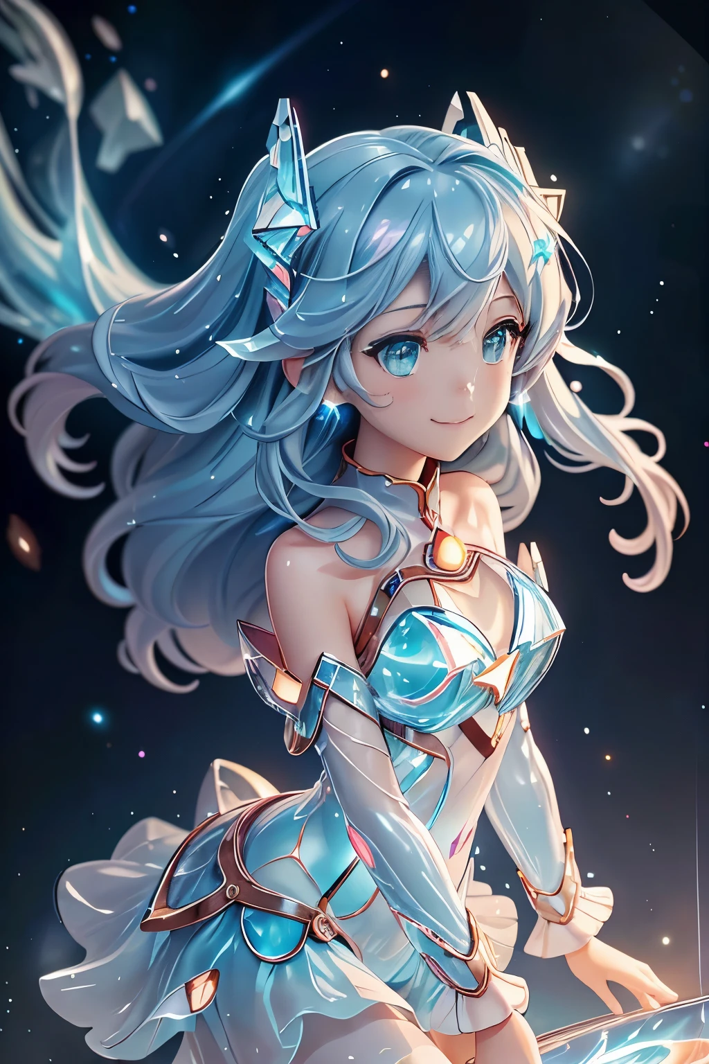 {{{masutepiece}}}, {{best qualtiy, An ultra-fine illustrations, beautifulanddelicatewater}}, {{very delicate light}}, {{Nature, Painting}}, {{Fine Lighting, More transparent stars, Very fine 8K PCG wallpaper}}, (plateau), Sunrise, randomly distributed clouds, cliff, ((Rotating starry sky)), Beautiful girl with long light blue hair with luminous particles、Twin-tailed、adorable smiling、facing front、Super Gloss Metallic Coral Rainbow Transparent Holographic Suit:1.2),