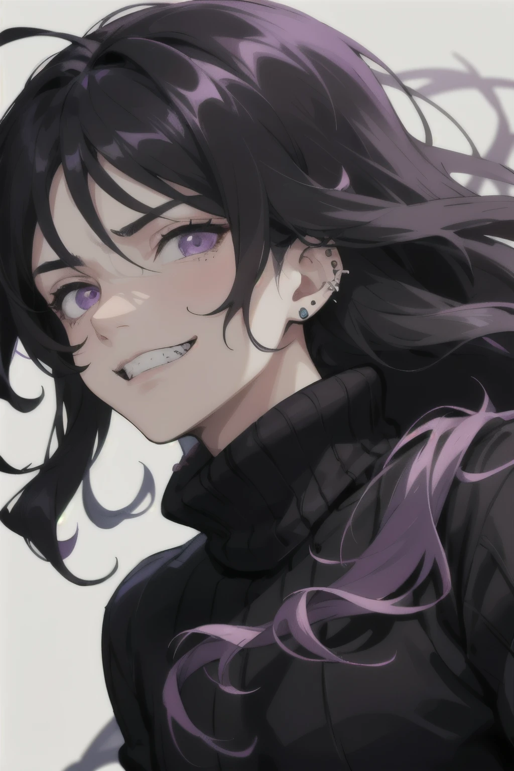 A boy with long, wavy black hair, piercing violet eyes, wearing a black sweater, gazes at the viewer with a psychotic facial expression, sporting a sinister smile and baring his teeth, against a blank white background with close up.