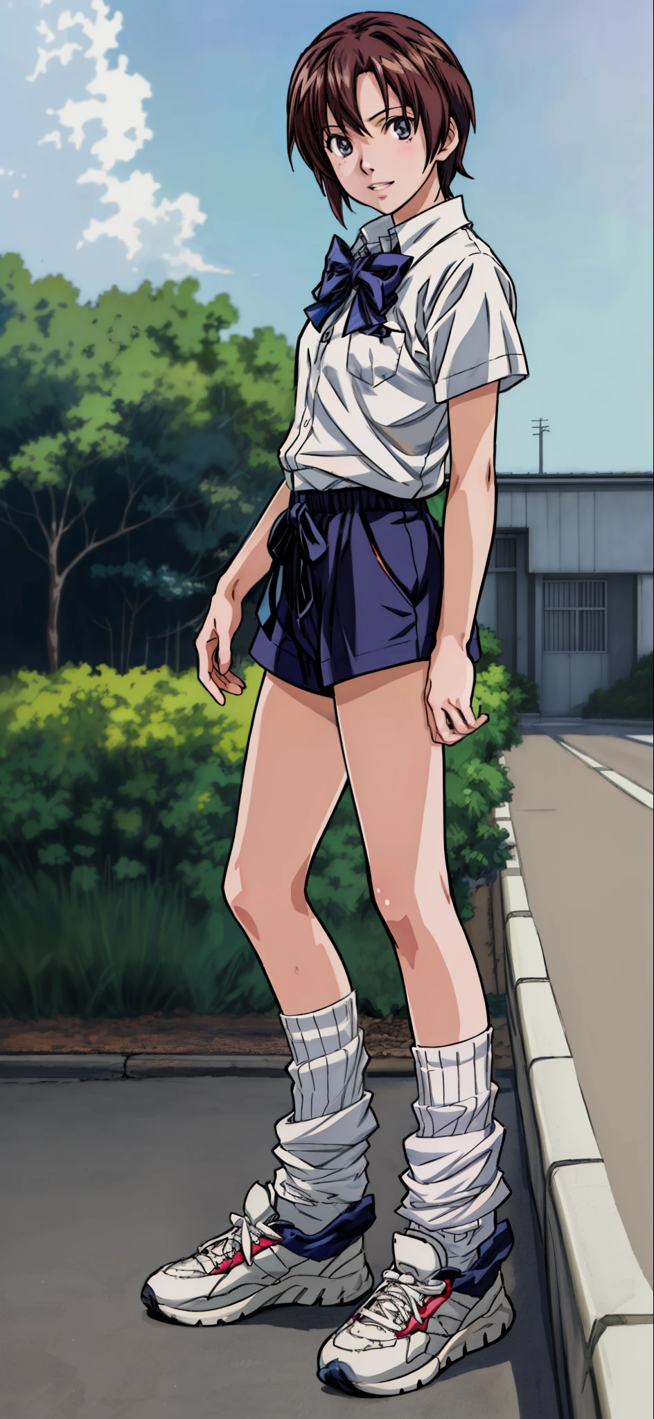(Best Quality,4K,8K,hight resolution,masutepiece:1.2), Ultra-detailed, (Realistic,photoRealistic,photo-Realistic:1.37), meadow girl, grin,He is wearing a white shirt and blue shorts, White loose socks,Black sneakers,Beautiful detailed eyes, Beautiful detailed lips, extremely detailed eye and face, long eyelashes, Realistic anime 3D style, Smooth Anime CG Art, Digital rendering by Makoto Shinkai, Moe Anime Art Style, photoRealistic rendering of an anime girl, Shinkai Makoto style, Cute anime girl visuals, Realistic young anime girl, girl fan art, Created in an anime artist's studio.