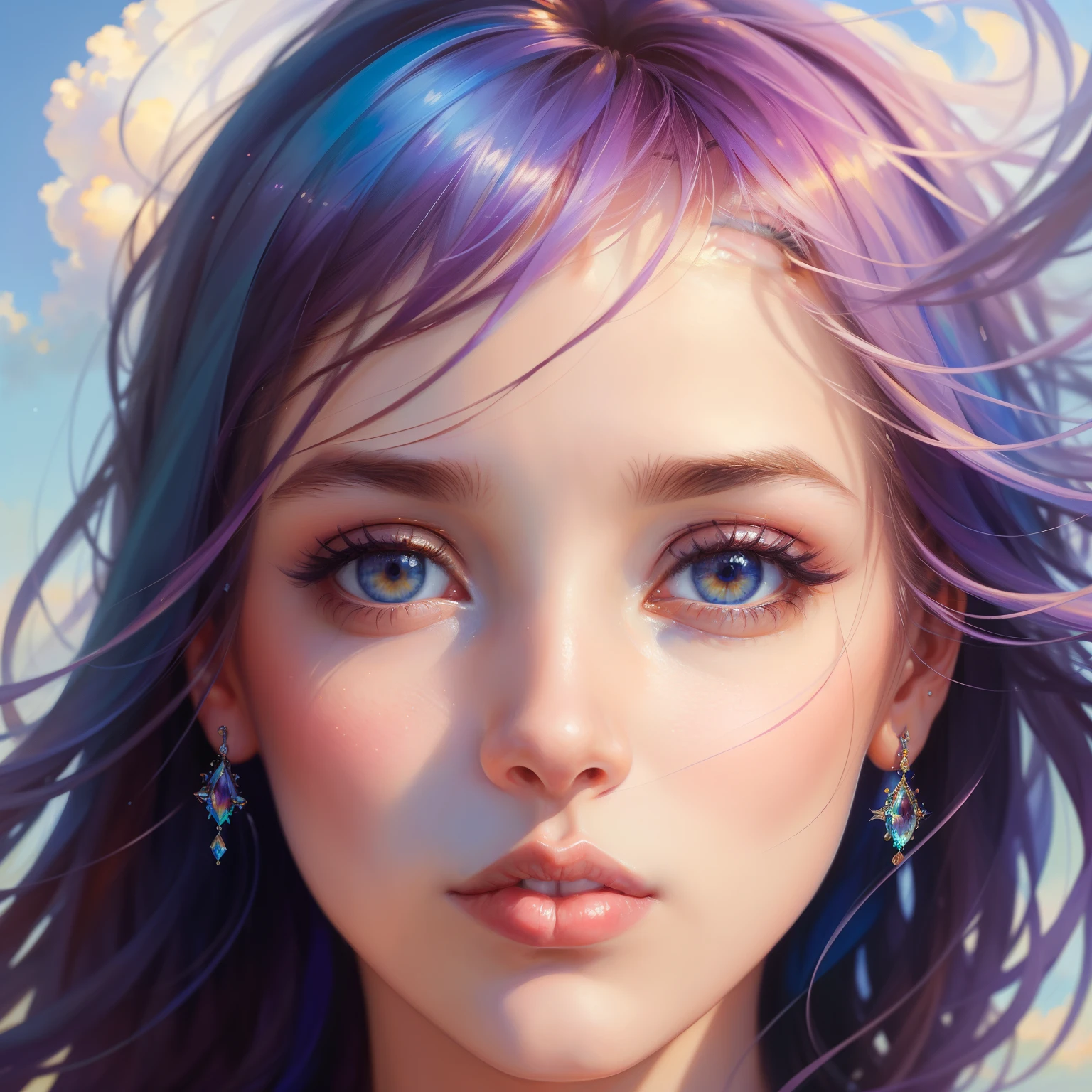 figura feminina flutuante feita de fitas, smoke billowing, in sky, colorido e vibrante, mystical colors, contemporary impressionism, pintura de retrato yanjun cheng, pintura iridescente, Perspective view 3/4, rosto fofo, low-up angle, sweeping circling composition, grandes lindos olhos de cristal, large iris, UHD, HDR, 8K, (obra-prima: 1. 5), (o retrato mais bonito do mundo: 1.5)