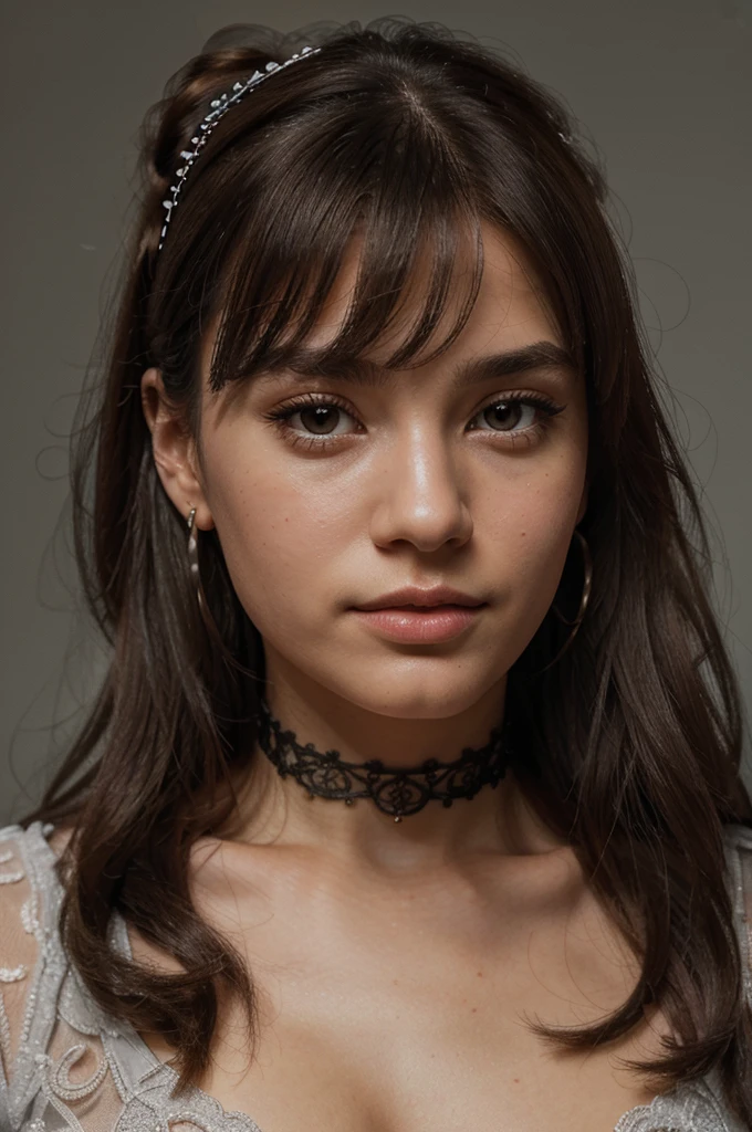 cute, ultra-detailed, illustration, intricate, detailed, extremely detailed, detailed face, soft lighting, soft light, soft focus, perfect face, beautiful, accurate anatomy, overexposure, 8k, 4k, (highres:1.1), best quality, (masterpiece:1.3), 1girl, solo, jewelry, brown eyes, looking at viewer, earrings, grey hair, bangs, choker, closed mouth, portrait, watch, hair ornament, simple background, grey background, long hair, head rest, lips, hair bow, black choker, bow, eyelashes