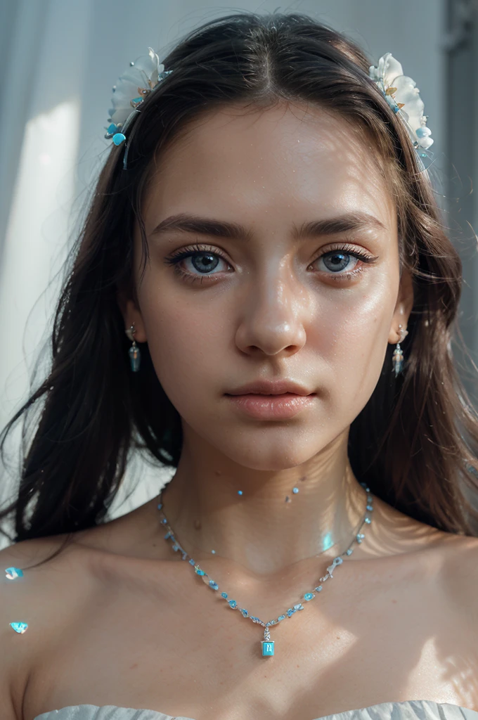masterpiece, best quality, illustration, sax blue, platinum earrings, platinum necklace, white dress, 1girl, cute, (dynamic lighting:1.2), cinematic lighting, delicate facial features, detailed eyes, sharp pupils, realistic pupils, depth of field, bokeh, sharp focus, (hyper-detailed, bloom, glow:1.4), many small gems