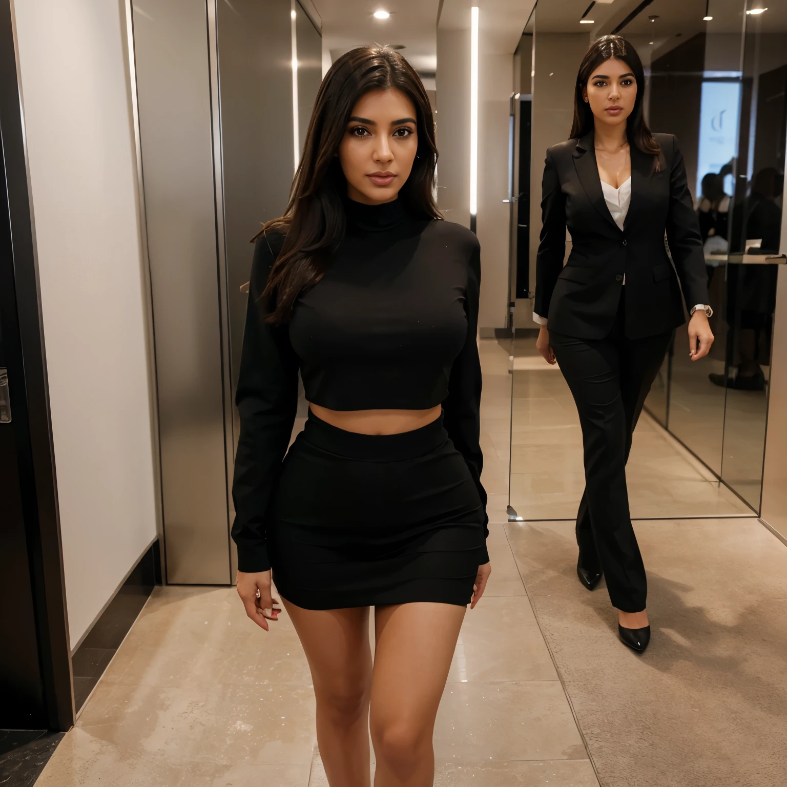Full body shot of an attractive libanese egirl woman at business event, kardashian face, with lightbrown skin, natural, no make up, natural imperfections, black hair, in expenaive serious business suit, taken using a Canon EOS R3 with RF 1200mm f8 L IS USM, camera angle from side and below, natural light, Full Body, Realistic Photography, Hyperdetail, Ultrahd, ultrahd, hdr, - no bad hands no lamps