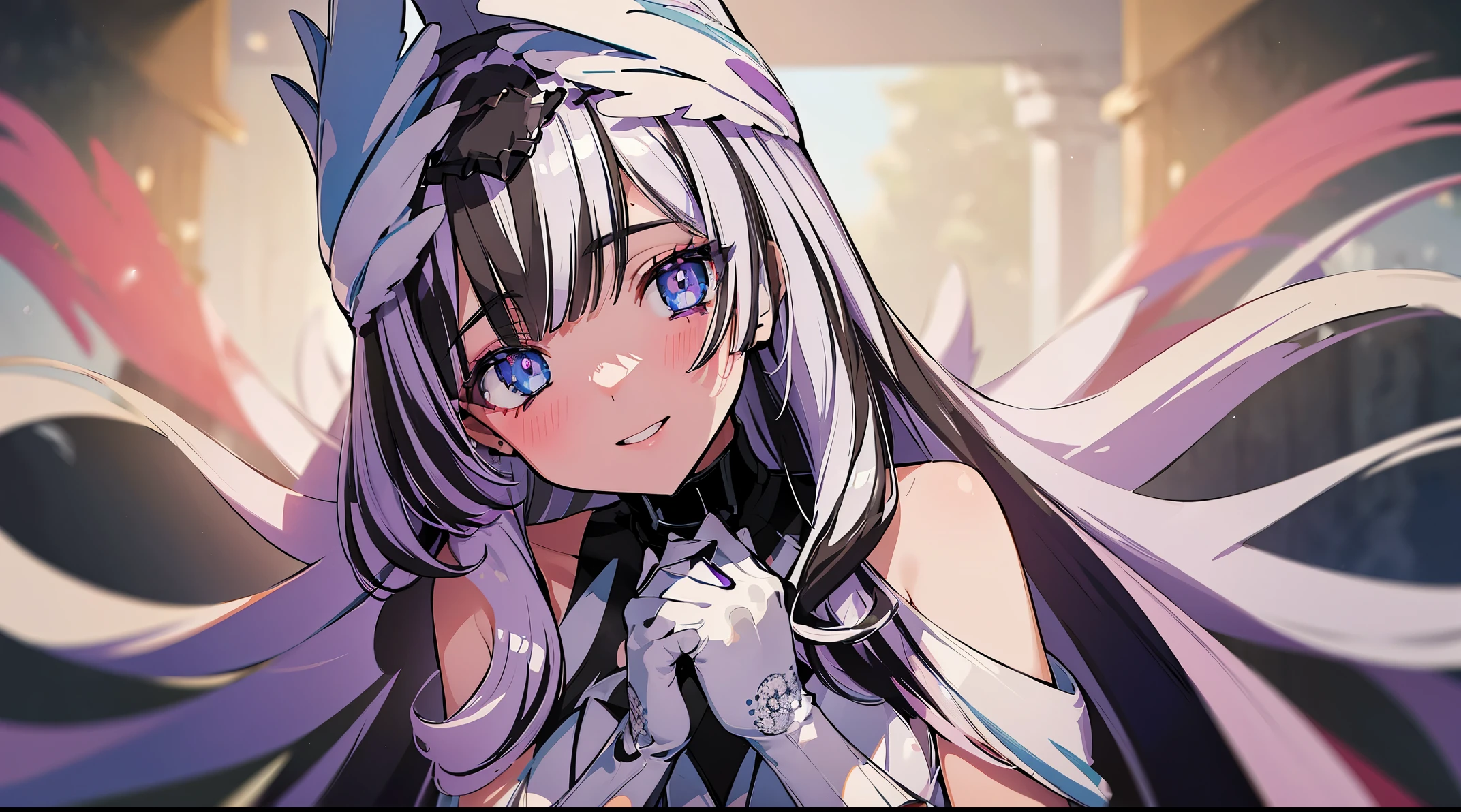 (((4k, masterpiece, top-quality))) ,8k, best quality, (((piano))), high resolution, HD, unity 8k wallpaper, (((illustration:0.8))), (((beautiful detailed eyes:1.6))), extremely detailed face, perfect lighting, extremely detailed CG, (perfect hands, perfect anatomy), veyle_engage, dress, white dress, white hair, black hair, 1girl, solo, gloves, smile, white gloves, (((purple eyes))), looking at viewer, black hair, dress, long hair, white dress, own hands together, bangs, bare shoulders, multicolored hair, blush
