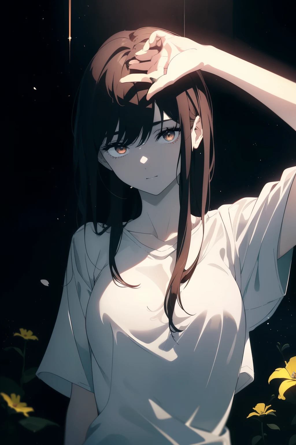 ((((Obra maestra, La mejor calidad, ultrahigh resolution)))), 1girl, standing, (baggy white t-shirt, loose fitting blue shortlack hair, dark black hair over eye)), long hair cut, pale skin, ((brown eyes)), glowing_eyes, neon eyes, (ultra detailed eyes:0.7, beautiful and detailed face, detailed eyes:0.9), ((centered)), smile, ((wide shot)), facing viewer, (((dark background of outside, flowers, bright lighting, summer, sunlight))), flat chested, looking at viewer, ((half closed eyes)), ((perfect hands)), ((head:1, hips, elbows, arms, in view)), ((hands behind back)), empty eyes, beautiful lighting, defined subject, 25 years old, ((cool looking)), ((scene:0.9))