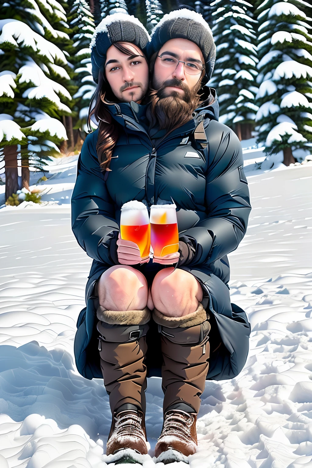 man, (adult), 40 years old, middle aged, sitting,boot,hood,beard,snow, on an allalaskan,cold,frozen, winter clothing , pensive, 8k, photography, realistic, Swedish, conjoined dicephalus, two heads, snowy wilderness in background, with stuff, drinking from a bottle of vodka