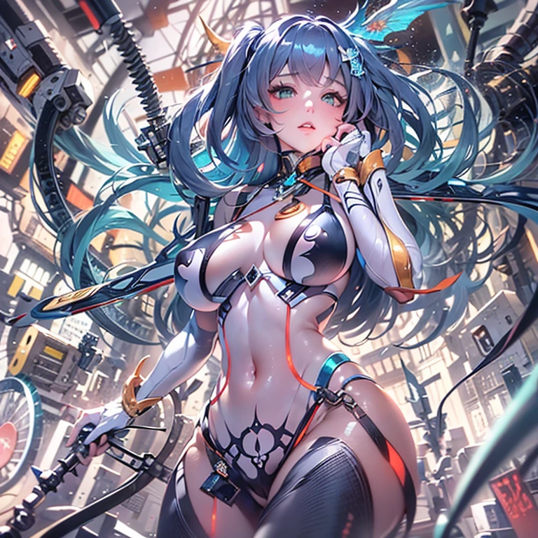 (masterpiece), best quality, expressive eyes, perfect facemasterpiece, ultra-detailliert, 8k, high quality, Top image quality, digital illustration, Female ,  Anime Girl, Japanese anime, Detailed eye depiction, lines, appearance々particle effects background in colors, Center, biomechanical oppai, oppai, oppai proportions, Sharp Focus, large full , Colossal , poses that show off cleavage,  ,and draw the full body, Glossy realistic skin texture, spring, Hover effect, 2 legs, 2 arms, Precise human body structure, Low angle perspective, Configuration looking up from below, 1人の女性, solo, lucy (knight), long hair, parted lips, bangs, looking at viewer, upper body, 1girl, black background, green eyes, , Blue hair, Full body pose