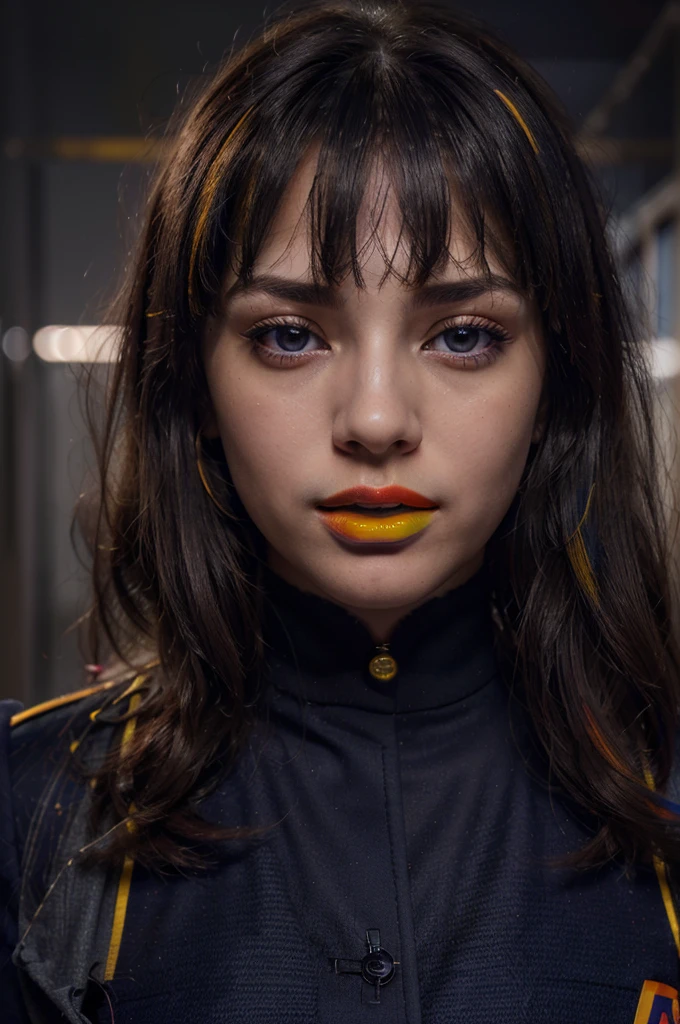 8K, Best Quality, 1girl, (skindentation), Night, (Dark), Clear Background Indoors, (People), Beautiful Bangs, Gorgeous,, (Clothing and Uniform:1.3),Soft Lighting, Attractive, Dark Room, (Mouth Closed:1.2, Beautiful Eyes, Detailed Eyes, Detailed Iris, Beautiful Lips, Beautiful Nose, Beautiful Face),(Primary Colors:1.5)