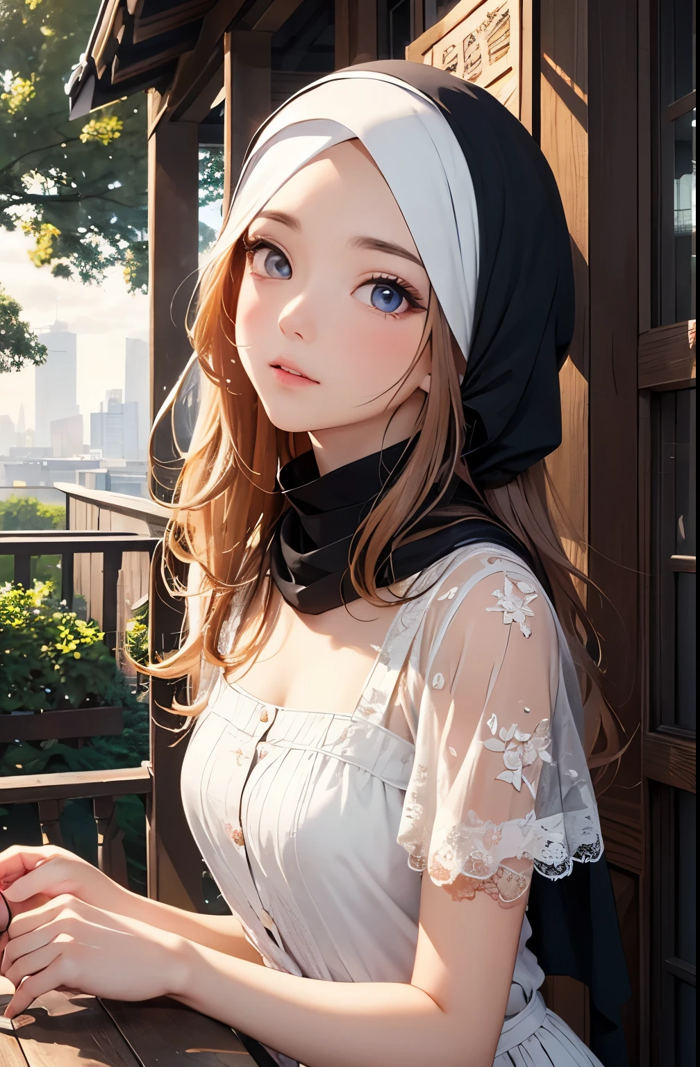 (Close-up of the painting style,Ultra HD 8K,Masterpiece grade CG wallpaper),Cinematic lighting,cute girly,Delicate and beautiful face,Dreamy pupils,Wearing a small floral short summerdresound waist,hijabi,Bust poem,Sit,Cloudy background,the trees,florals,summer,Chinese style buildings, cleavage