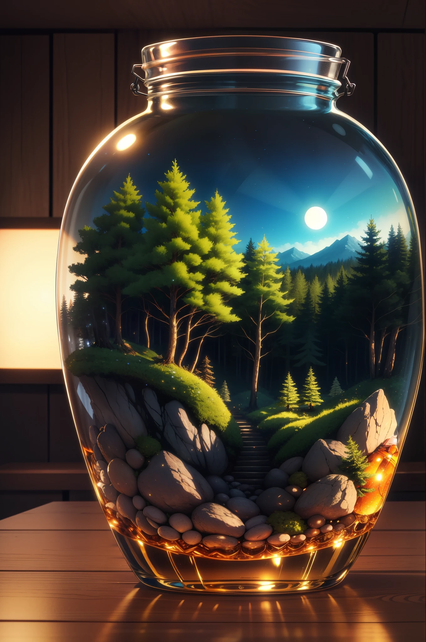 (An intricate forest minitown landscape trapped in a bottle), atmospheric oliva lighting, on the  table, 4k UHD, dark vibes, hyper detailed, vibrant colours, epic composition, octane render, sharp focus, high resolution isometric