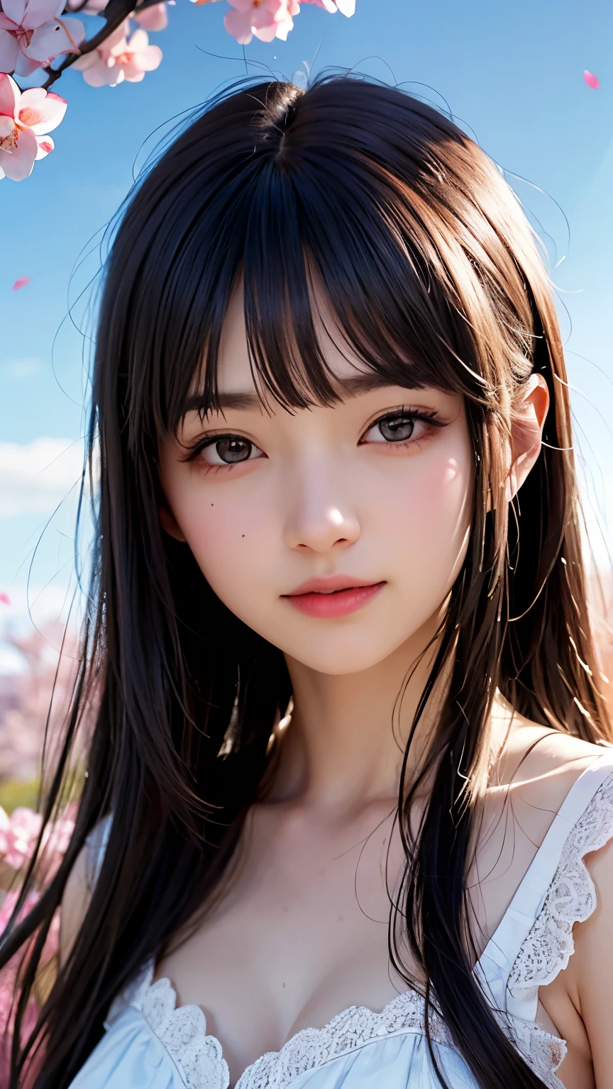 (A logo、​masterpiece、8K、masutepiece、Raw photo、Fantastic、Best Quality、フォトリアリスティックでighly detailedな CG 統合 8k 壁紙、hightquality、ighly detailed、epic poem、Particle effect、Dynamic effects、depth of fields、Cinematic Light、Lens Flare、Ray tracing)、Fantasia、 (Beauty 1 person、doress、Dress、Cherry blossom pattern、A dark-haired、Beautiful face、Real Face、beautiful details eyes beautiful skin)、髪がthe windで踊る、Hair flutters in the wind、Hair jumps、Pink cherry blossom tree、Petals flutter、Sakura blizzard、Superb view、morning glow、Sun in the background、the wind、