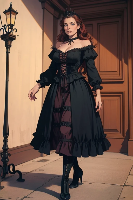 A woman in a dress and boots is standing in front of a building, Vestido barroco, em vestido Steampunk detalhado, an elegant gothic princess, victorian gothic ta fashion, historical baroque dress dark, black gothic loliress, fantasy style clothing, rococo dress, black rococo, classical witch, traje de fantasia, wearing a Gothic dress, romantic gown, Gothic dress,uma loira,Estudante de 15 anos,(Retrato da parte superior do corpo)
