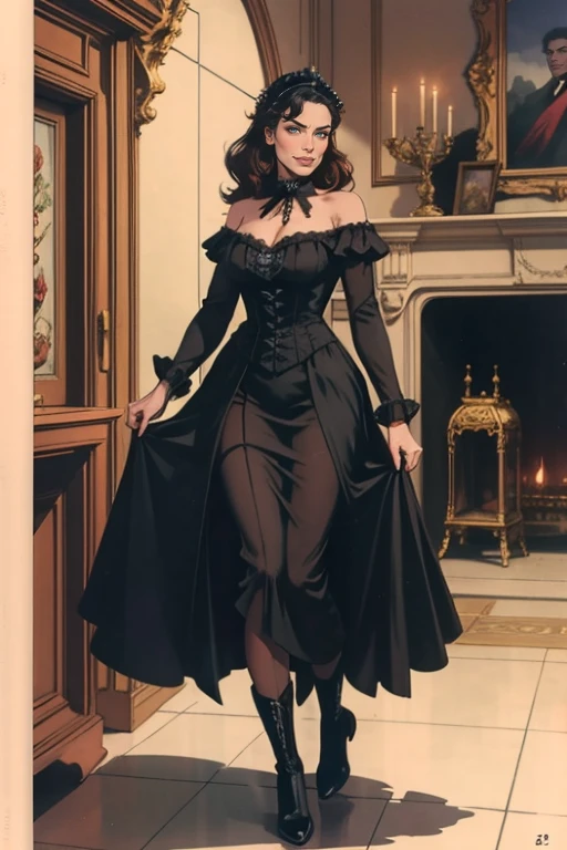 A woman in a dress and boots is standing in front of a building, Vestido barroco, em vestido Steampunk detalhado, an elegant gothic princess, victorian gothic ta fashion, historical baroque dress dark, black gothic loliress, fantasy style clothing, rococo dress, black rococo, classical witch, traje de fantasia, wearing a Gothic dress, romantic gown, Gothic dress,uma loira,Estudante de 15 anos,(Retrato da parte superior do corpo)