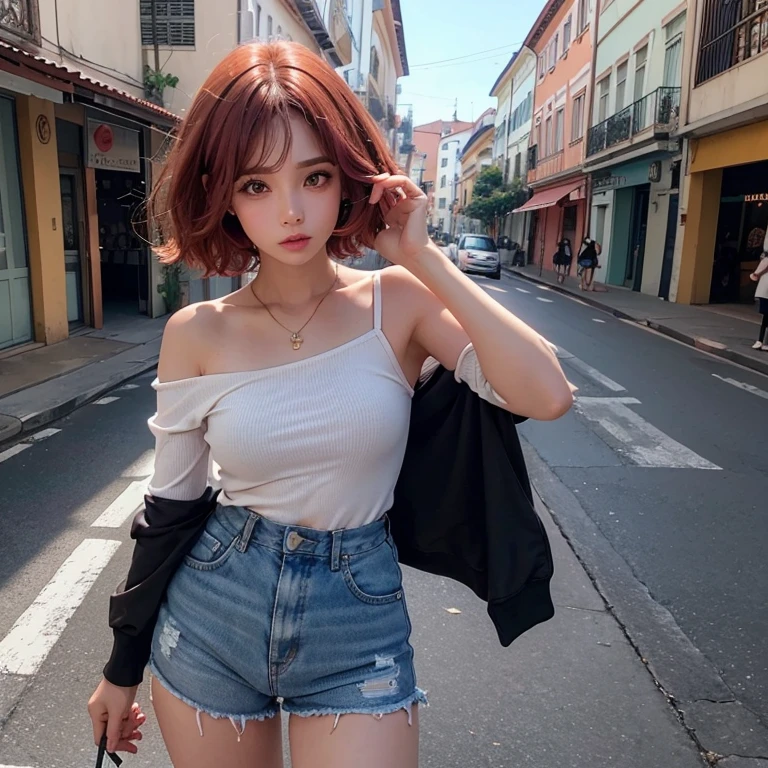 meninas de 5 anos short sexy, seios pequenos, mostrando seios, cabelo curto, pele rosada, rosto perfeito, se exibindo na rua, carros
