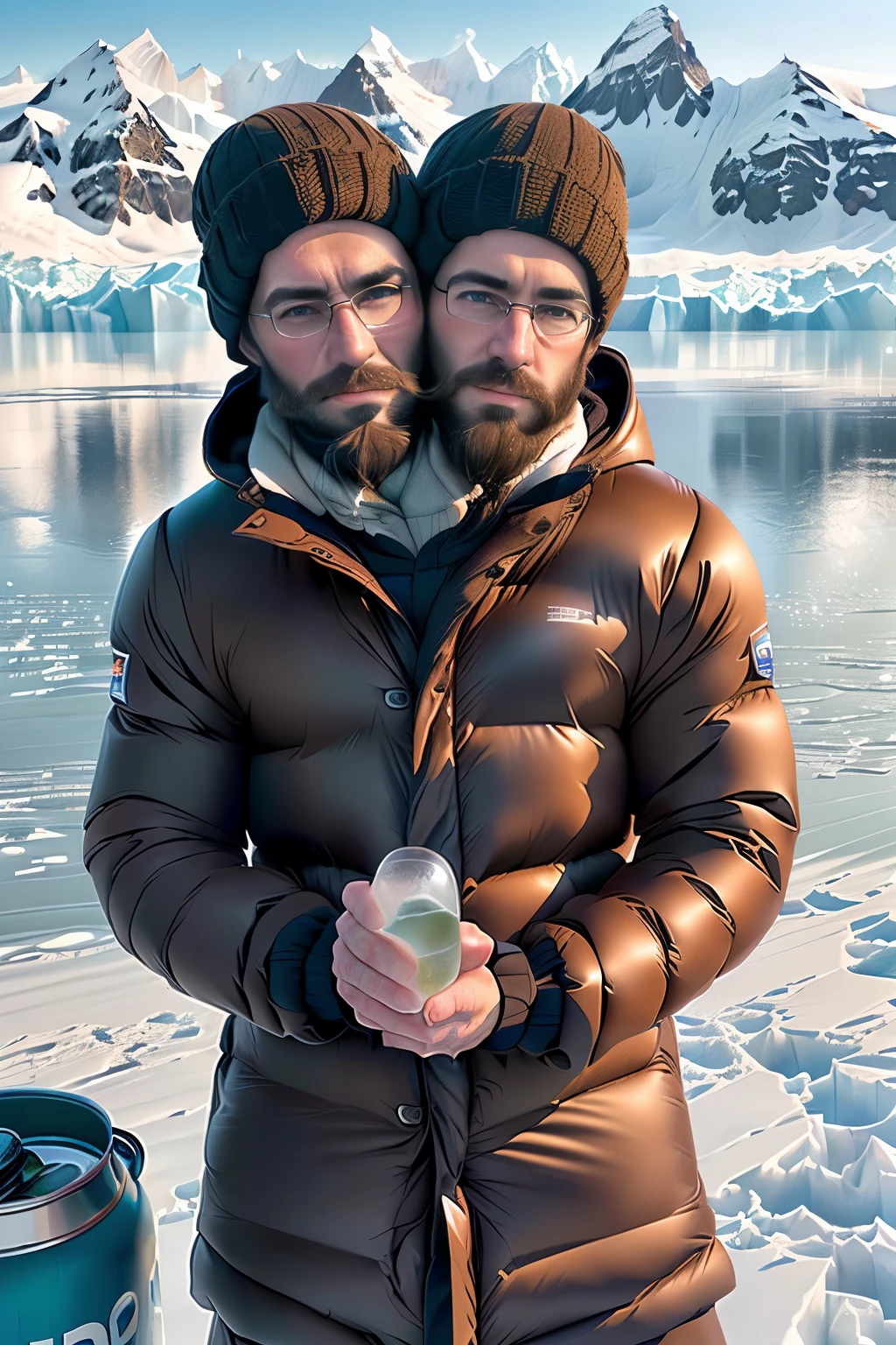 man, ((adult:1.5)), 40 years old,  masculine features, middle aged, standing,boot,hood,((beard)),snow,on an alaskan whaling ship,cold,frozen, winter clothing , pensive, 8k, photography, realistic, Swedish, conjoined dicephalus, two heads, glaciers in background, with stuff, drinking from a bottle of vodka