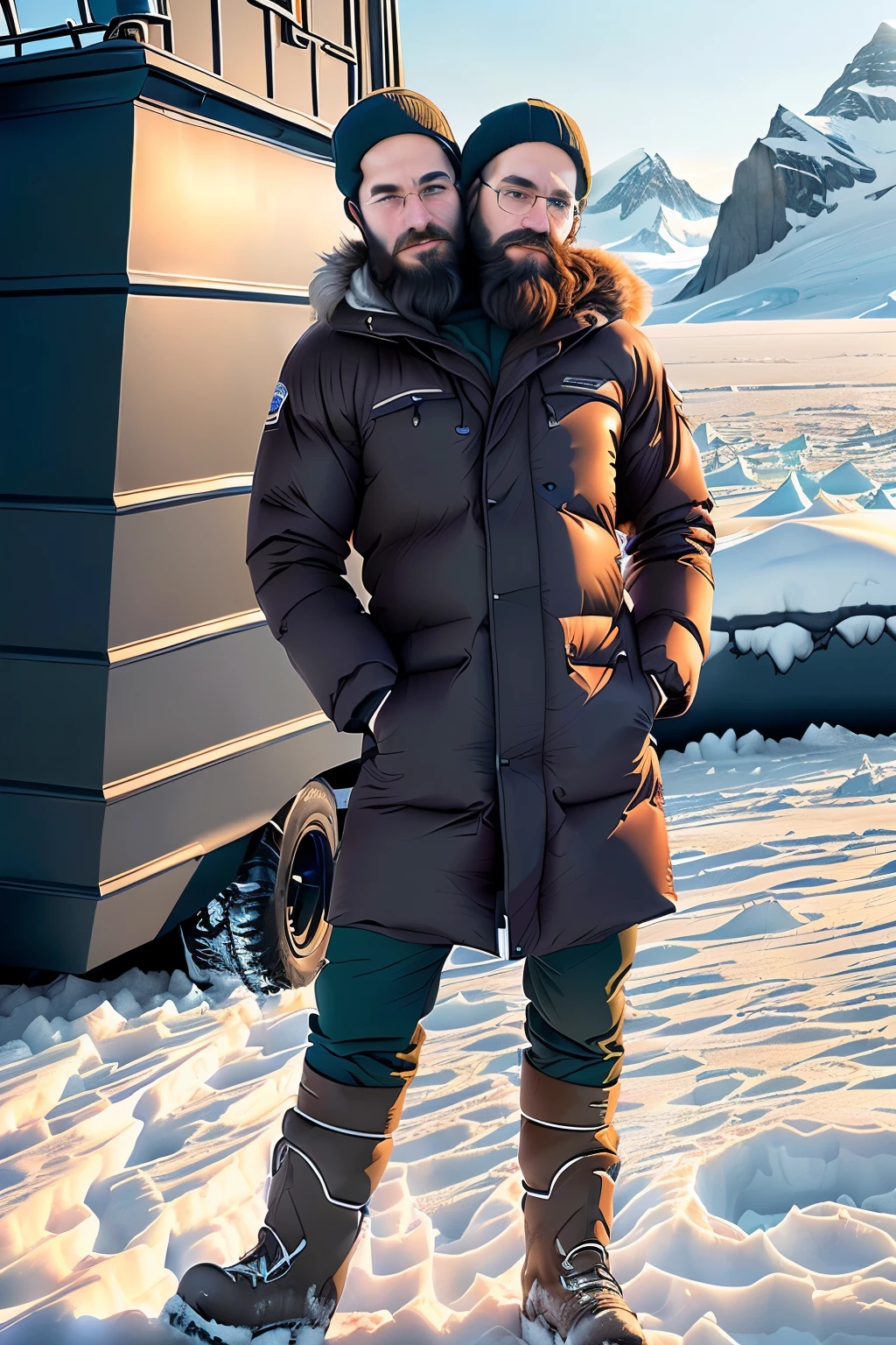 man, ((adult:1.5)), 40 years old, masculine features, middle aged, standing,boot,hood,((beard)),snow,on an alaskan whaling ship,cold,frozen, winter clothing , pensive, 8k, photography, realistic, Swedish, conjoined dicephalus, two heads, glaciers in background, with stuff, drinking from a bottle of vodka