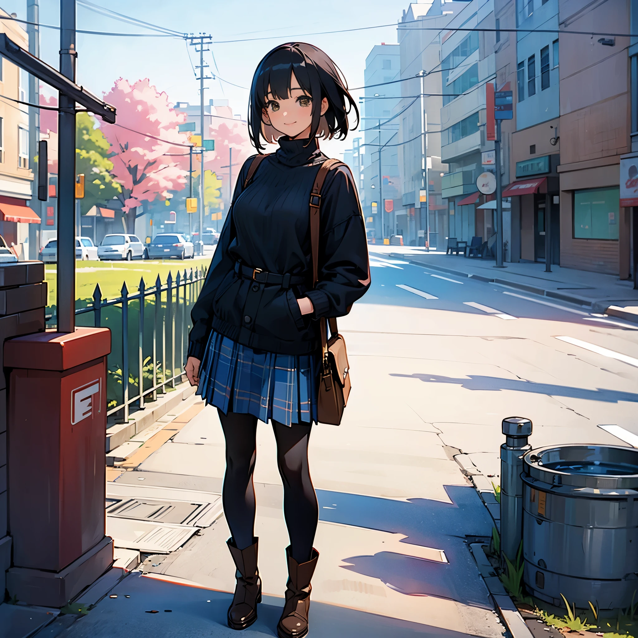 (High quality, High resolution, Ultra-detailed, Realistic:1.37), peaceful ambiance, (plein air, street), Teenage girl standing alone, (My breasts are big.), Beautiful detailed features, Cute smile, (Black bob hair), Ribbed sweater, blue plaid skirt, Black tights, Brown boots.