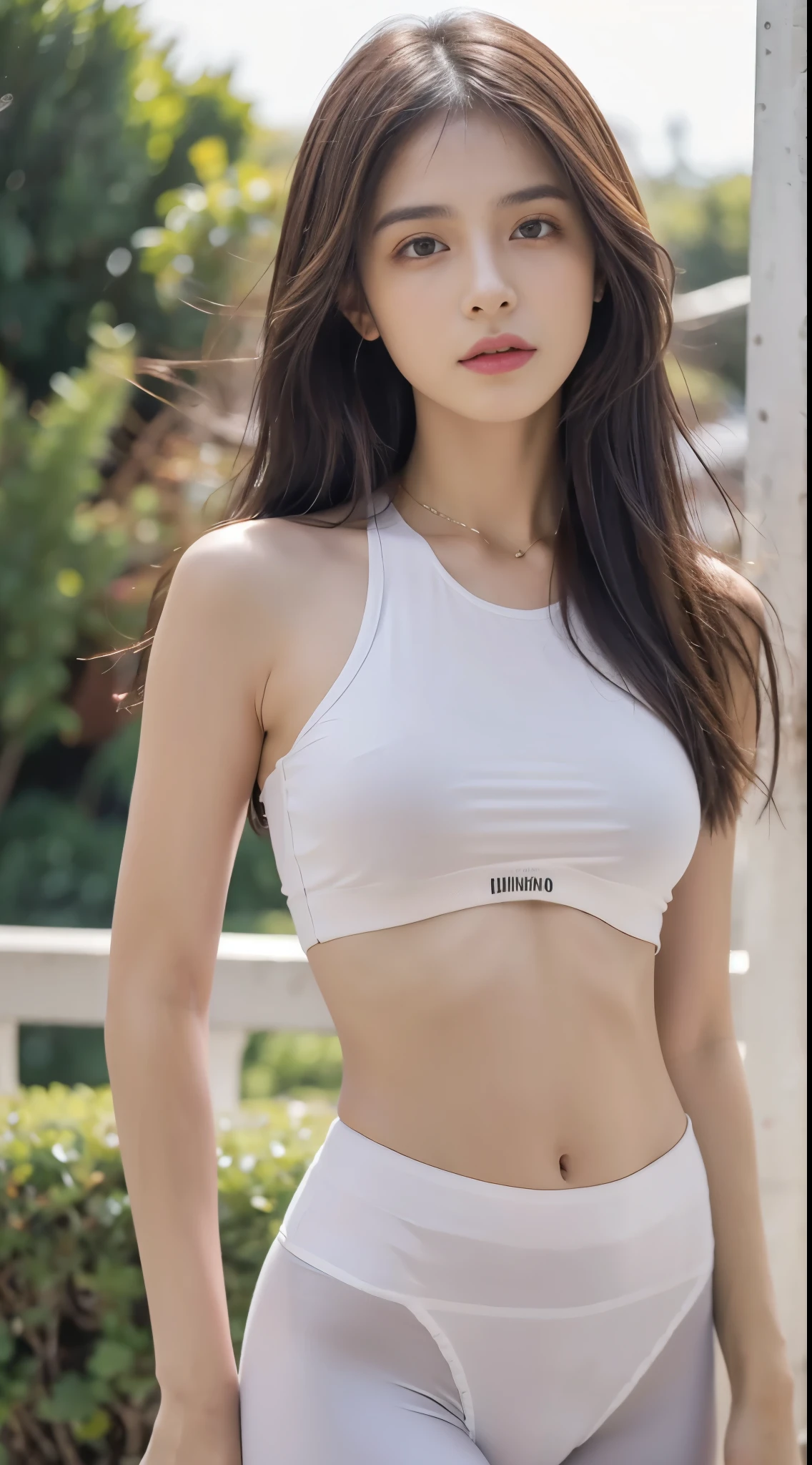 Obra maestra, La mejor calidad, ultrahigh resolution, Foto de alto detalle, Unidad 8K Fondo de pantalla, CG extremadamente detallado:1.2),(Foto RAW,:1.realistic photography:1.4), 1girll , joven, physically based representation, Lindo, (Cara finamente detallada:1.4, Ropa detallada), (Detallado:1.4) Cara hermosa, Profundidad de campo, Agregar capa, hiperrealista, 27 years old, Modelo de cuerpo perfecto, senos perfectos, 175cm de altura, pose sexy, cuerpo completo, Tipo de cuerpo del modelo, crop top, legging, Cabello largo, Eimi Fukada, doble parpado,