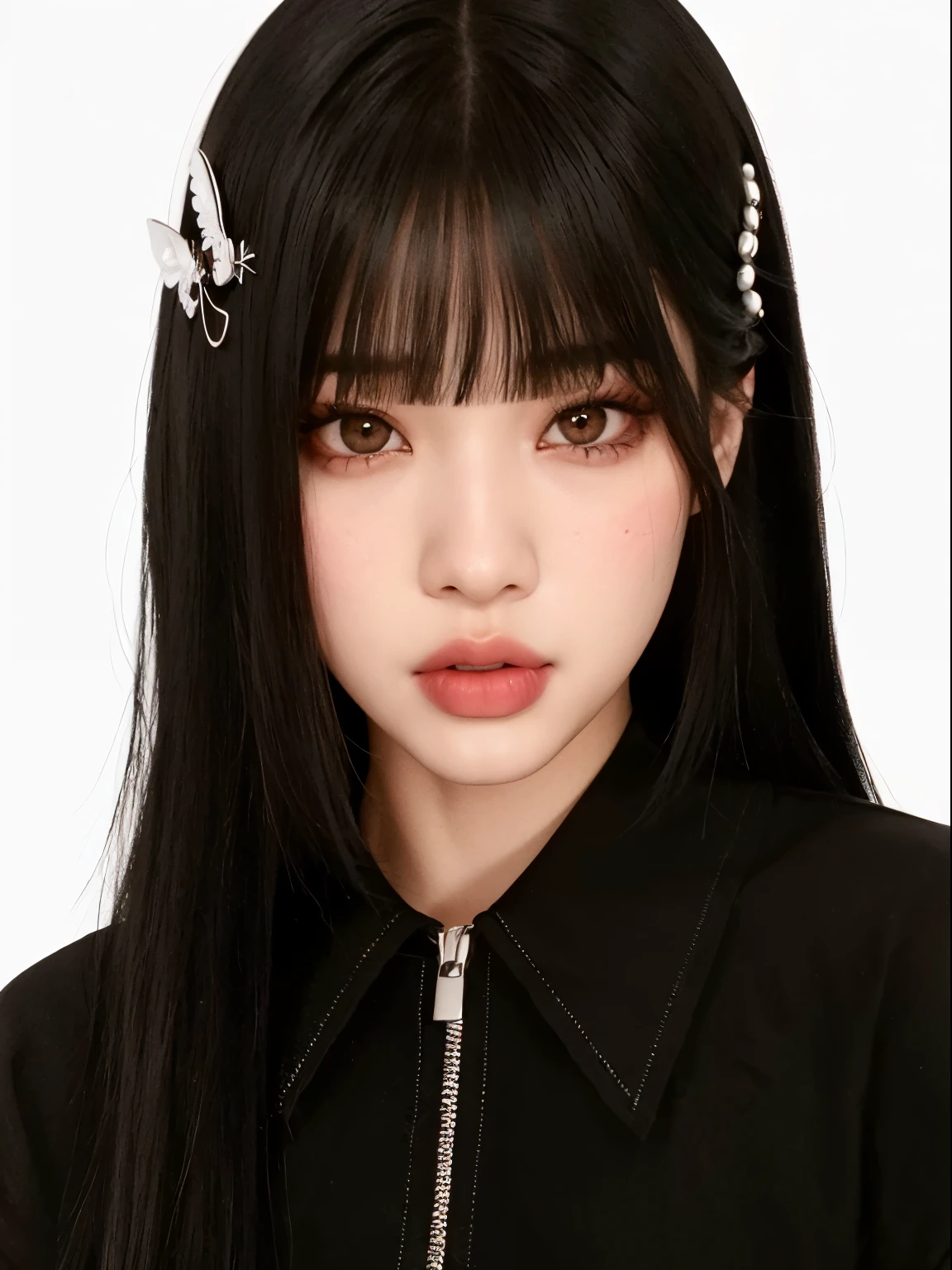 um close up de uma mulher com cabelos longos vestindo uma camisa preta, she has black hair com franja, neat hair com franja, jossi do blackpink, Jennie do Blackpink, O corte Hime, Jennie Kim, portrait of jossi do blackpink, com franja completa, preto hime corte cabelo, com franja, Sui Ishida com cabelo preto