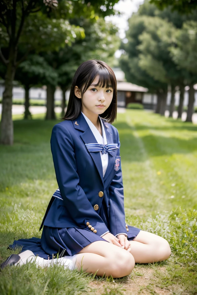 lawn、((Two beautiful Japan girls))、Two beautiful girls、Cute same school uniform、Same dark blue blazer uniform、15yo student、Wistful expression、A dark-haired、With bangs、Tall、Straight semi-long hair、((Long skirt to hide the knees))、((Navy long skirt below knee length))、evening、the wind、Thin leg、Standing、put strength into your body、Short Bob、
