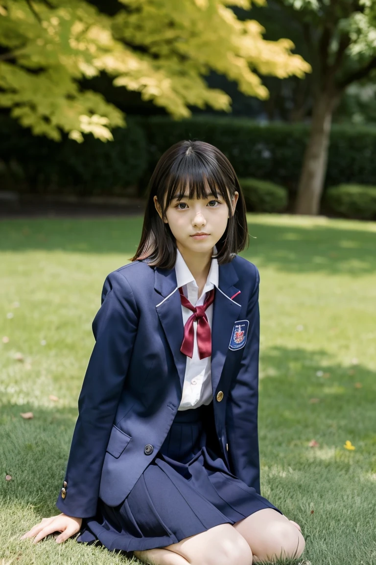 lawn、((Two beautiful Japan girls))、Two beautiful girls、Cute same school uniform、Same dark blue blazer uniform、、Wistful expression、A dark-haired、With bangs、Tall、Straight semi-long hair、((Long skirt to hide the knees))、((Navy long skirt below knee length))、evening、the wind、Thin leg、Standing、put strength into your body、Short Bob、