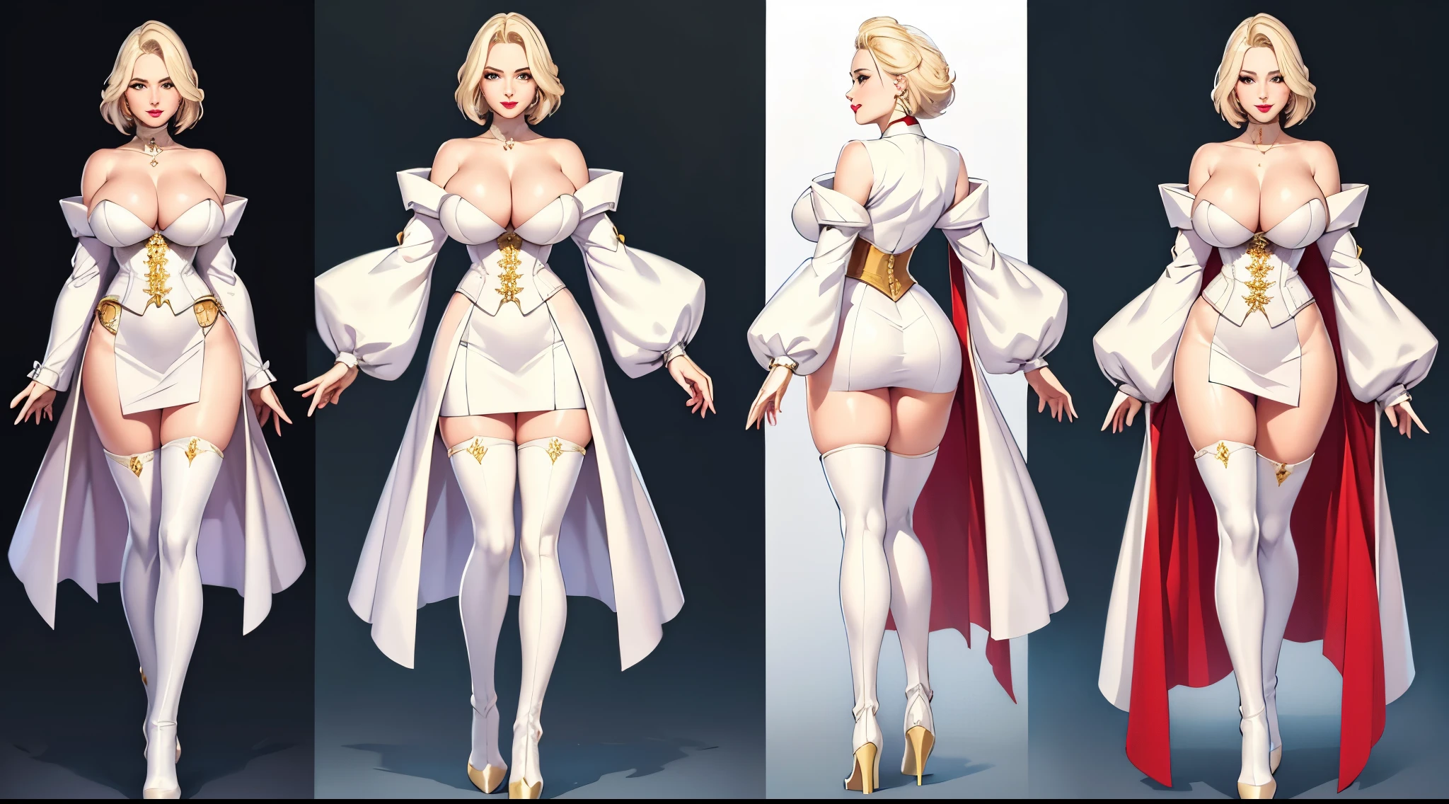 (masterpiece), (best quality: 1.2), absurd and intricate details (highly detailed skin: 1.2), (huge breasts), beautiful woman, red lips, very short platinum blonde hair, golden eyes, white corset, white miniskirt very tight, white thigh-high boots, white fur coat, earrings, choker, smile, ((full body standing, white background, character sheet))