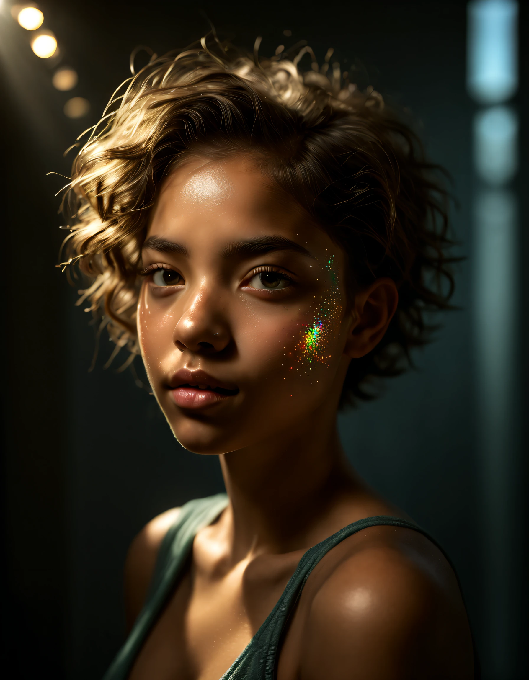 (best quality, Altas:1.2), (ultra-detalhado, extremamente detalhado), close-up portrait of a mixed-race girl, in Vray rendering style, Eduardo Cucuel, e Miki Asai. The girl has a short hairstyle and is illuminated by soft lighting. It is captured from a low angle, com o rosto brilhando com um tom prateado e azul claro, Triadic-Colors, Head and shoulders, sozinho, Realistic, fotorrealista, best qualidade, master part, 超A high resolution, finamente detalhado, qualidade, Realistic lighting, pele detalhada, detalhes intrincados, Foto RAW, Absurdo, A high resolution, Scars with ultra-fine details Crystal Magic Trees Intricate Surreal Fractals, quebrar a maquiagem chamativa, beleza estonteante, pele detalhada, textura da pele, poros da pele, (Sardenha:1.15) quebrar (reflection, refractions, Rembrandt Lighting, diffuse lighting, City Radio, photon maping, Subsurface scattering, Atmospheric Illumination, dynamic lighting, Multi-exposure HDR shooting, Global Screen Space Illumination, ray tracing, Lumen reflection, Mapeamento de Tons, voluminetric lighting, polarizador circular, wide lighting, dramatic lighting, Moody Lighting:1.3), (Luz e sombra explosivas, Reflexo da lente, Particles leves, brilho da lente, Particles de luzes, Luminous Particle, Particles flutuando, Particle:1.2), (profundidade de campo, desfocadoprimeiro plano, foco nítido, perspectiva, perspectiva do ar, Filmgrain, Film:1.4), (colorful refraction, cores iridescentes, rainbowart:1.1), (Dark Studio, aro iluminado, dual-tone lighting, mal iluminado, sintonia baixa, Anel luminoso, Tema escuro), estilo aquarela, Mistura suave, lavagens sonhadoras, Texturas delicadas, cores brilhantes, Action painting, Marcadores gestuais, dynamic strokes, movimentos expressivos, Spontaneous technology, Expressionismo abstrato, Vibrant Composition, actionpose, brilho vibrante, dynamic colours, shiny reflective surfaces, Arte Superdetalhada