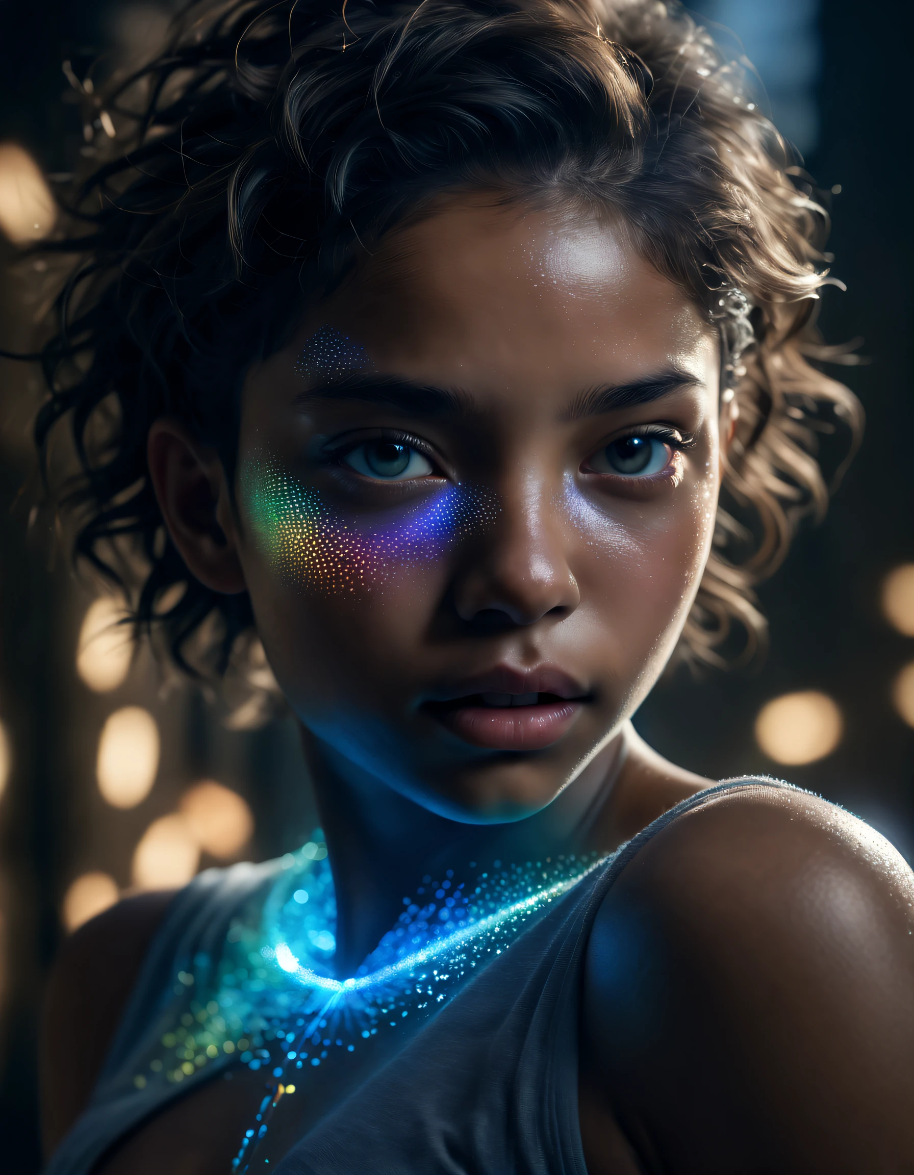 (best quality, Altas:1.2), (ultra-detalhado, extremamente detalhado), close-up portrait of a mixed-race girl, in Vray rendering style, Eduardo Cucuel, e Miki Asai. The girl has a short hairstyle and is illuminated by soft lighting. It is captured from a low angle, com o rosto brilhando com um tom prateado e azul claro, Triadic-Colors, Head and shoulders, sozinho, Realistic, fotorrealista, best qualidade, master part, 超A high resolution, finamente detalhado, qualidade, Realistic lighting, pele detalhada, detalhes intrincados, Foto RAW, Absurdo, A high resolution, Scars with ultra-fine details Crystal Magic Trees Intricate Surreal Fractals, quebrar a maquiagem chamativa, beleza estonteante, pele detalhada, textura da pele, poros da pele, (Sardenha:1.15) quebrar (reflection, refractions, Rembrandt Lighting, diffuse lighting, City Radio, photon maping, Subsurface scattering, Atmospheric Illumination, dynamic lighting, Multi-exposure HDR shooting, Global Screen Space Illumination, ray tracing, Lumen reflection, Mapeamento de Tons, voluminetric lighting, polarizador circular, wide lighting, dramatic lighting, Moody Lighting:1.3), (Luz e sombra explosivas, Reflexo da lente, Particles leves, brilho da lente, Particles de luzes, Luminous Particle, Particles flutuando, Particle:1.2), (profundidade de campo, desfocadoprimeiro plano, foco nítido, perspectiva, perspectiva do ar, Filmgrain, Film:1.4), (colorful refraction, cores iridescentes, rainbowart:1.1), (Dark Studio, aro iluminado, dual-tone lighting, mal iluminado, sintonia baixa, Anel luminoso, Tema escuro), estilo aquarela, Mistura suave, lavagens sonhadoras, Texturas delicadas, cores brilhantes, Action painting, Marcadores gestuais, dynamic strokes, movimentos expressivos, Spontaneous technology, Expressionismo abstrato, Vibrant Composition, actionpose, brilho vibrante, dynamic colours, shiny reflective surfaces, Arte Superdetalhada