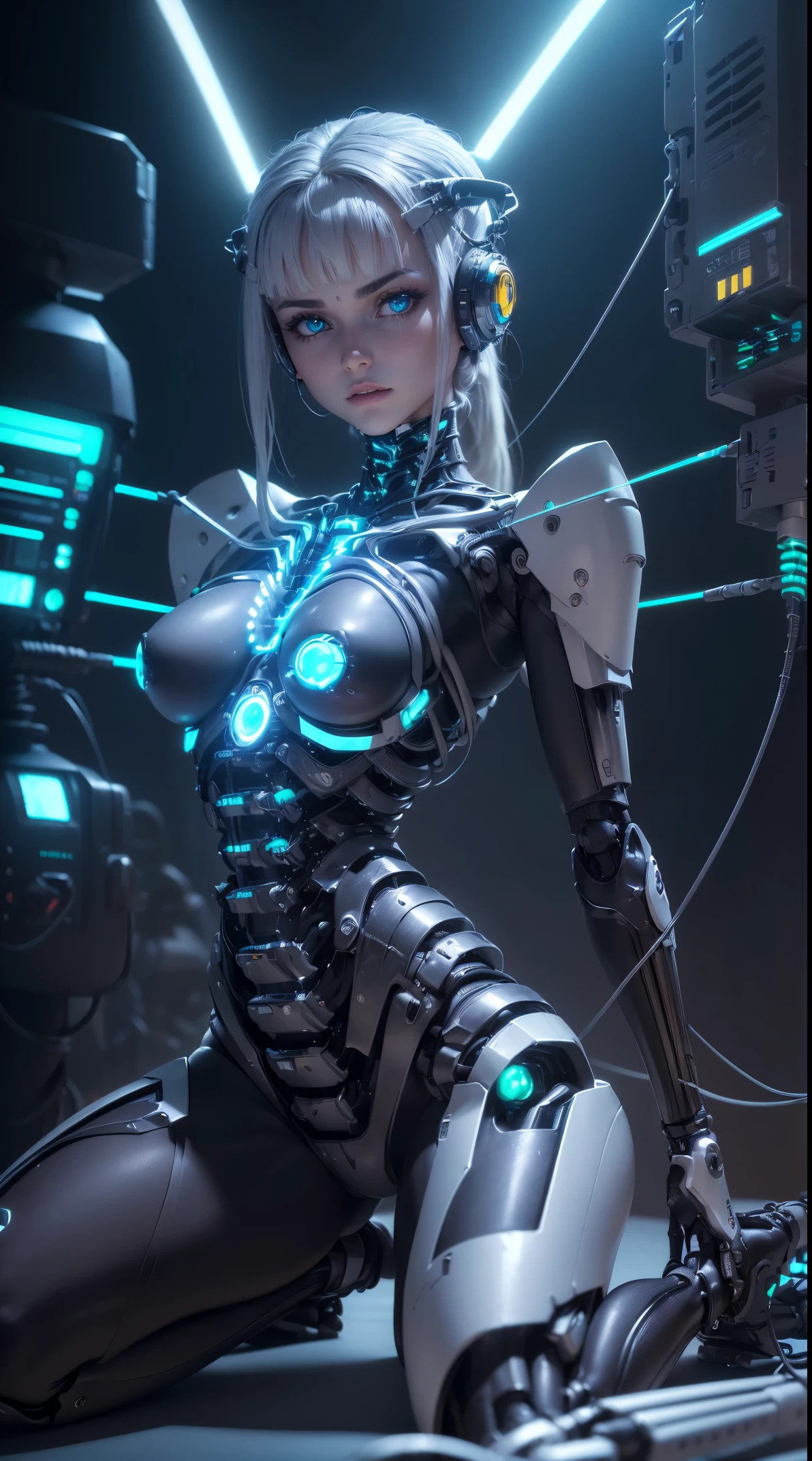 (((master part)))), (((extremely high quality)))), ((Ultra Definition)), (Fotorealidade muito detalhada), (((Muito delicado e bonito)), mega qualidade, 4k, Ultra resolution, (Rosto delicado e bonito), Cinematic light, (((Mulher android))), woman with mechanical parts, mulher com proteses mecanicas, mechanical veins, belly with mechanical parts, mechanical bone spines, mechanic legs, pernas mecanizadas, mechanical arms, robot arms, luz neon, luz led, (Olhos brilhantes), (Neon light eyes), (((Sentado))), in the kneeling position, sentada, ((Cables connected to body prostheses)), (Cables connected to the arms), (Mechanical cables connected to the back), (Cabos conectados as pernas), ((Pernas muito detalhado)), ((Very detailed arms)), ((Ultra detailed prosthetics)), ((Corpo ultra detalhado)), (Peças com extremely high quality)