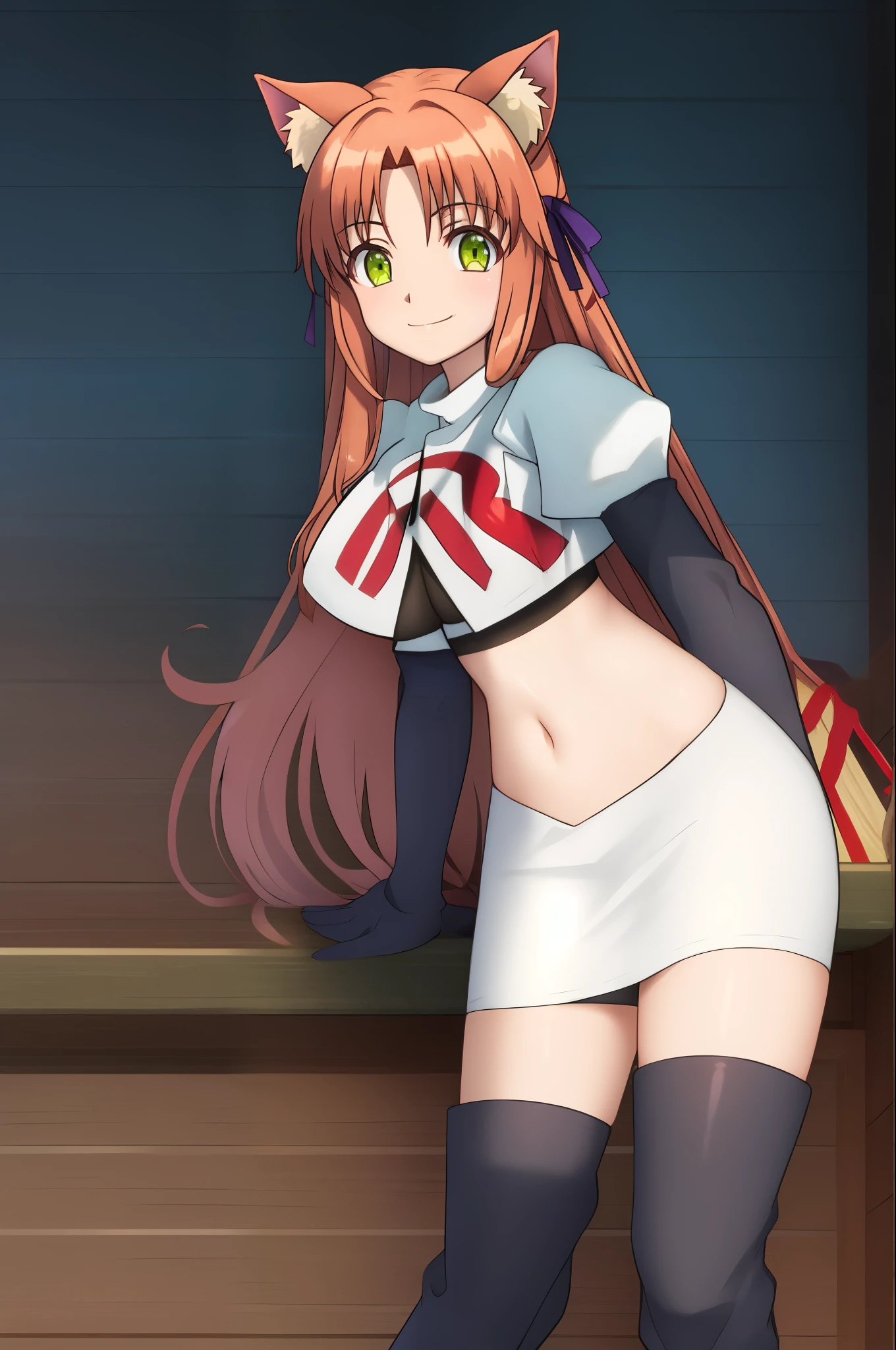 kanade, anime art style, 1girl, solo, long_hair, breasts, looking_at_viewer, smile, bangs, brown_hair, ribbon, animal_ears, very_long_hair, closed_mouth, green_eyes, hair_ribbon, cat_ears, red_ribbon, animal_ear_fluff, team rocket, team rocket uniform, red letter R, white skirt, white crop top, black thigh-high boots, black elbow gloves,