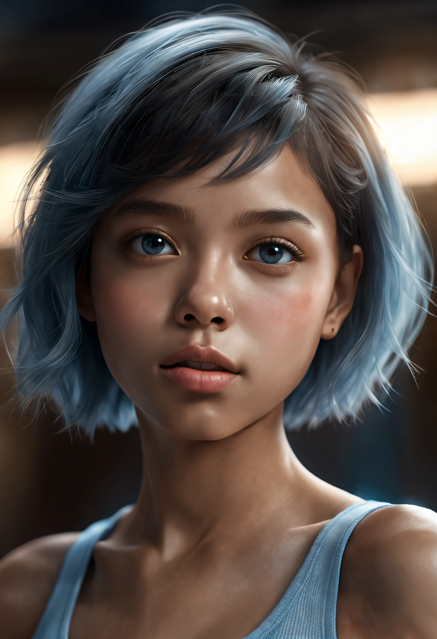 (best quality, Altas:1.2), (ultra-detalhado, extremamente detalhado), close-up portrait of a mixed-race girl, in Vray rendering style, Eduardo Cucuel, e Miki Asai. The girl has a short hairstyle and is illuminated by soft lighting. It is captured from a low angle, com o rosto brilhando com um tom prateado e azul claro.