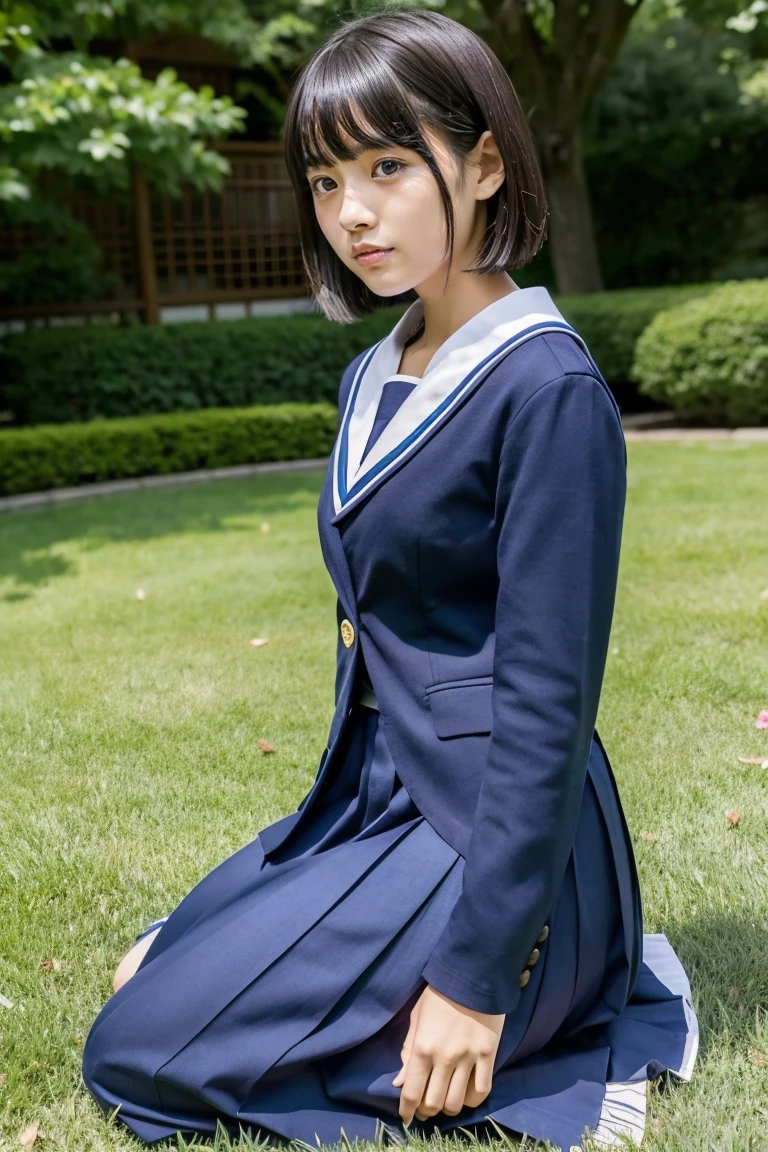 lawn、((Two beautiful Japan girls))、Two beautiful girls、Cute same school uniform、Same dark blue blazer uniform、15yo student、Wistful expression、A dark-haired、With bangs、Tall、Straight semi-long hair、((Long skirt to hide the knees))、((Navy long skirt below knee length))、evening、the wind、Thin leg、Standing、put strength into your body、Short Bob、Bun hair、