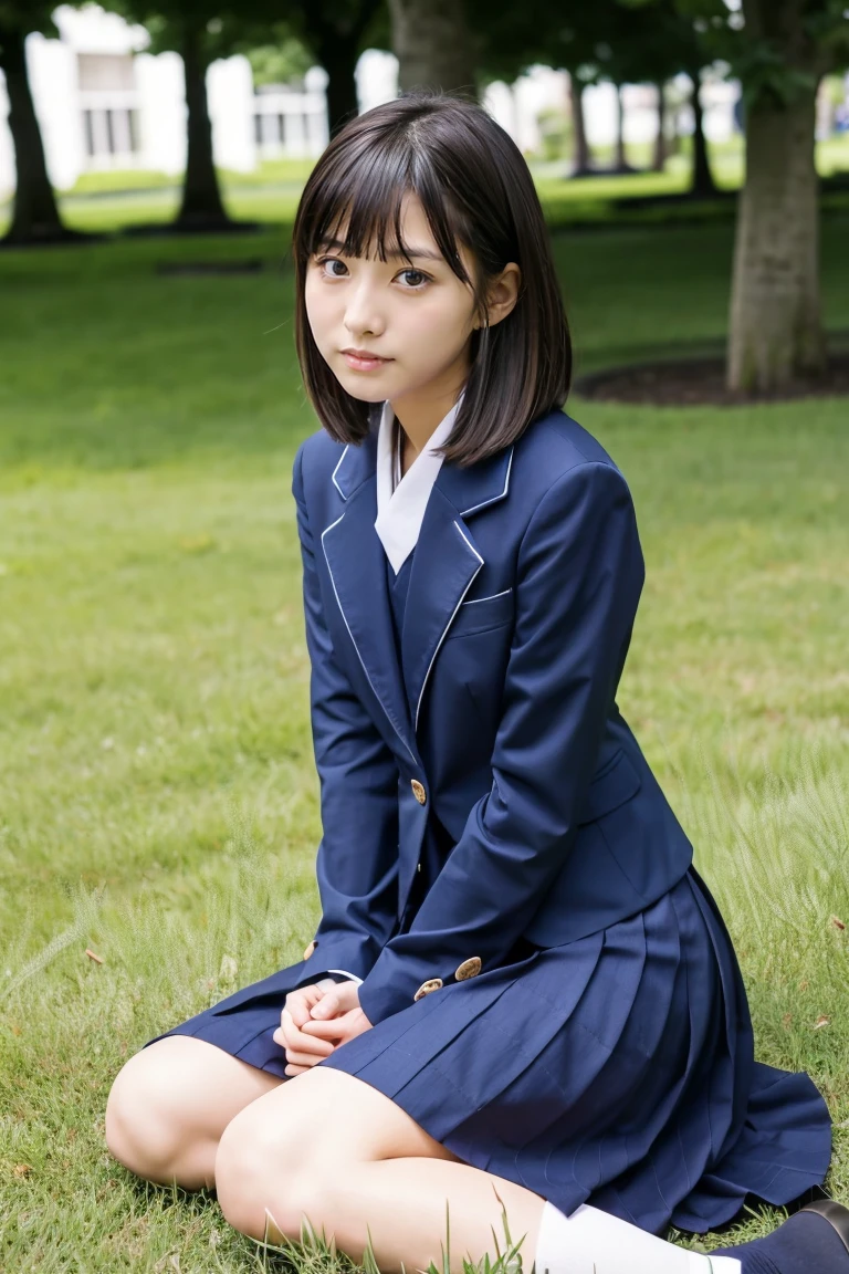 lawn、((Two beautiful Japan girls))、Two beautiful girls、Cute same school uniform、Same dark blue blazer uniform、15yo student、Wistful expression、A dark-haired、With bangs、Tall、Straight semi-long hair、((Long skirt to hide the knees))、((Navy long skirt below knee length))、evening、the wind、Thin leg、Standing、put strength into your body、Short Bob、Bun hair、