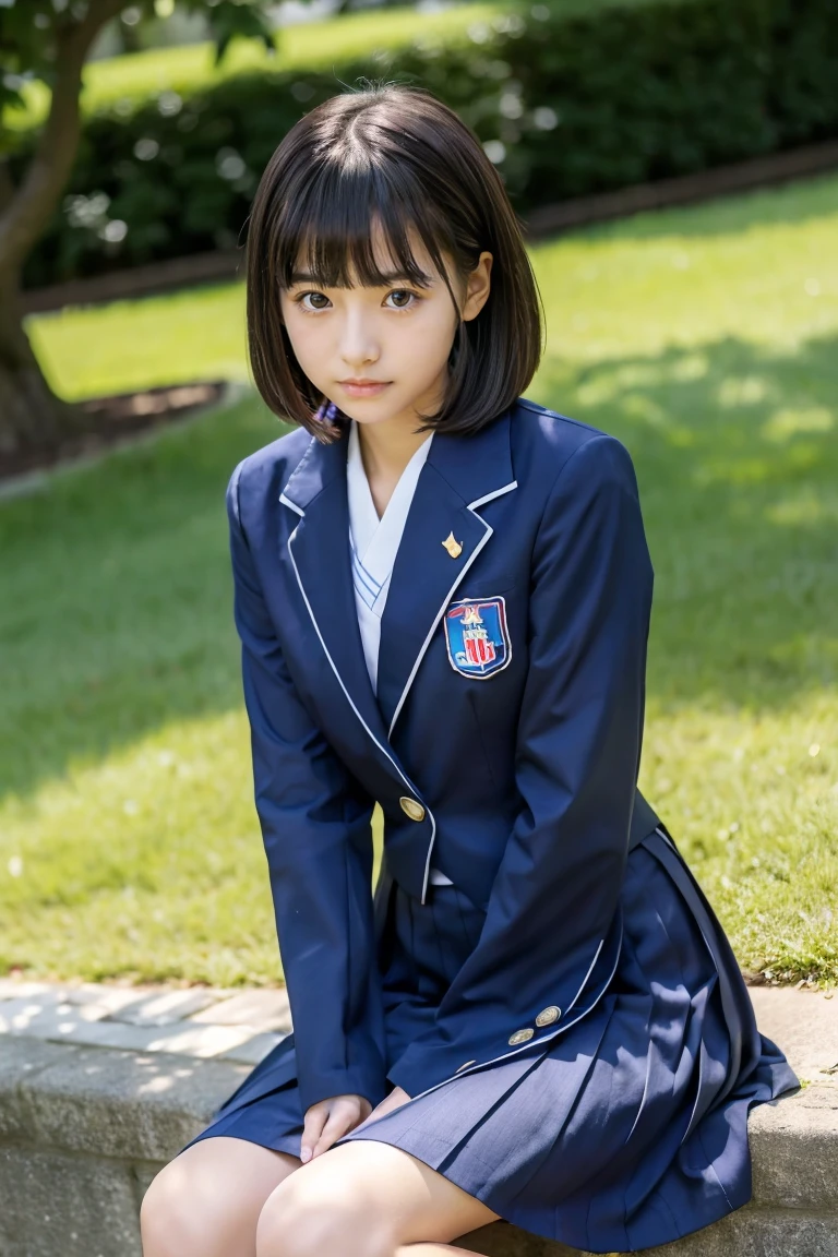 lawn、((Two beautiful Japan girls))、Two beautiful girls、Cute same school uniform、Same dark blue blazer uniform、、Wistful expression、A dark-haired、With bangs、Tall、Straight semi-long hair、((Long skirt to hide the knees))、((Navy long skirt below knee length))、evening、the wind、Thin leg、Standing、put strength into your body、Short Bob、Bun hair、