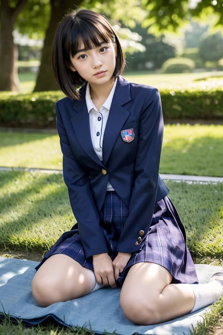 lawn、((Two beautiful Japan girls))、Two beautiful girls、Cute same school uniform、Same dark blue blazer uniform、15yo student、Wistful expression、A dark-haired、With bangs、Tall、Straight semi-long hair、((Long skirt to hide the knees))、((Navy long skirt below knee length))、evening、the wind、Thin leg、Standing、put strength into your body、Short Bob、Bun hair、
