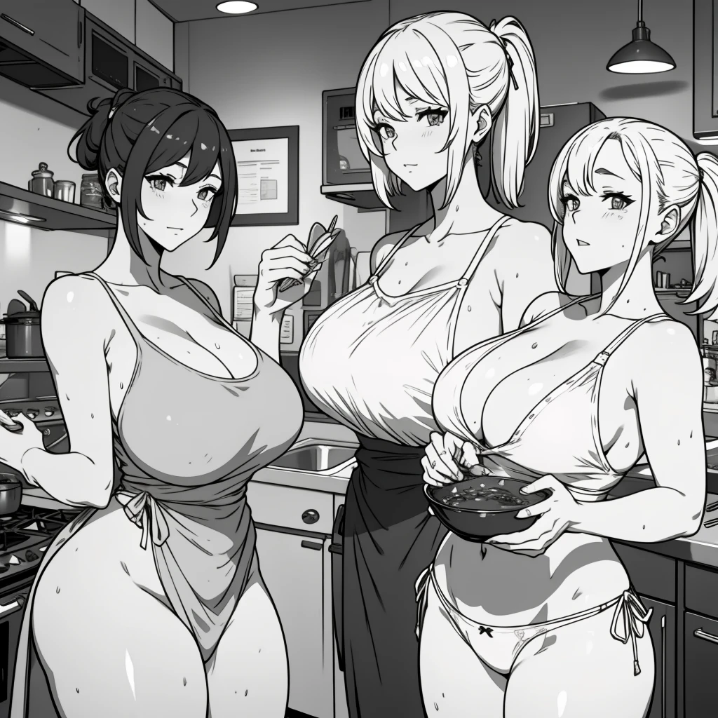 multiple thick body female characters with one male character in kitchen, ((nsfw)), all female character wears transparent apron with bare breast hanging out with nipples showing, male character eating, some females cooking and serving food, all female characters wears lace pattern panties, ((nsfw))