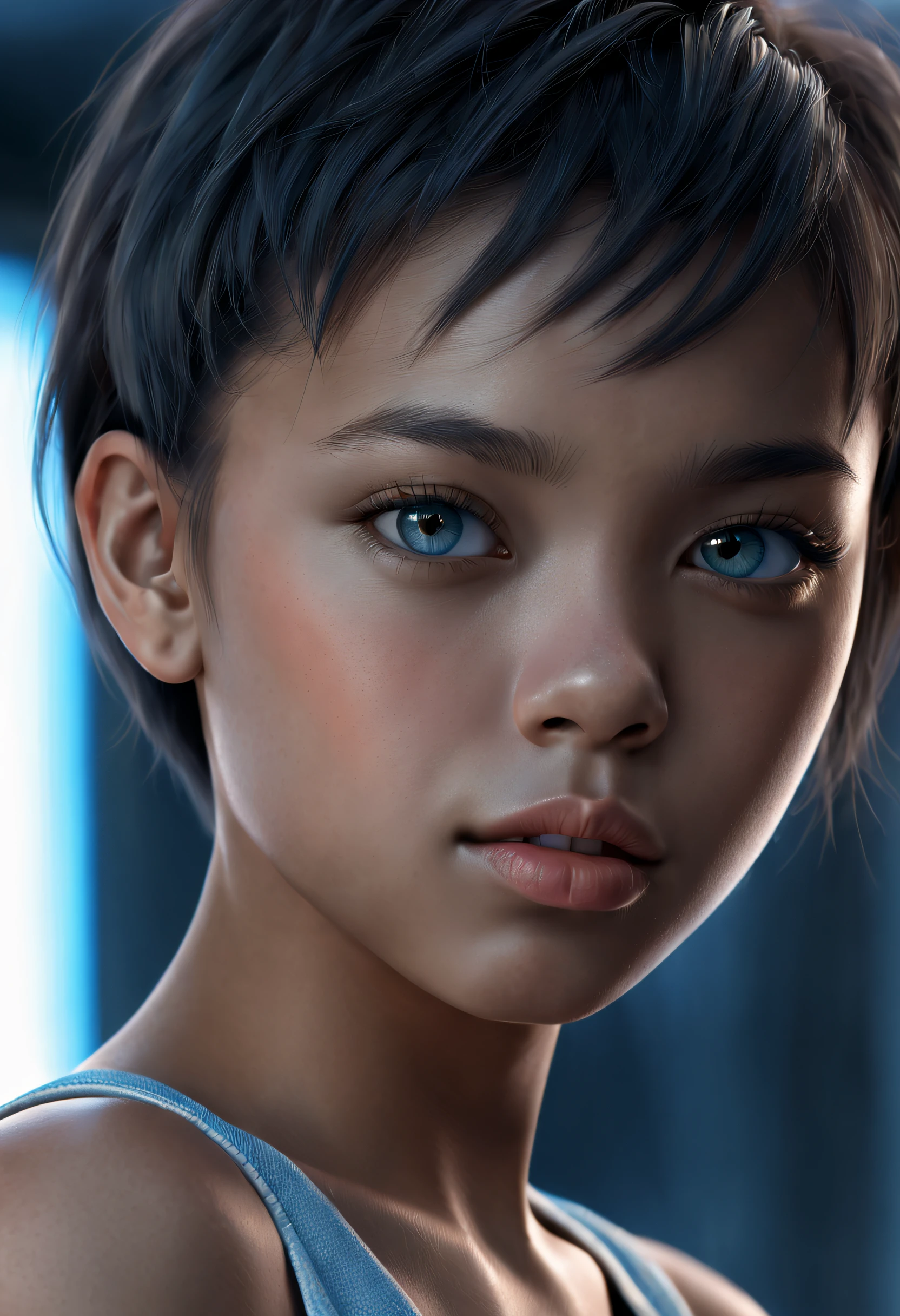 (best quality, Altas:1.2), (ultra-detalhado, extremamente detalhado), close-up portrait of a mixed-race girl, in Vray rendering style, Eduardo Cucuel, e Miki Asai. The girl has a short hairstyle and is illuminated by soft lighting. It is captured from a low angle, com o rosto brilhando com um tom prateado e azul claro.