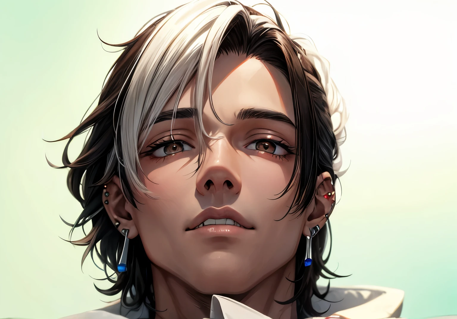 man, boy, 25 years old, brown medium split hair, white streak, brown eyes, black overcoat, ear piercings, crazy man, whjte man, white skin