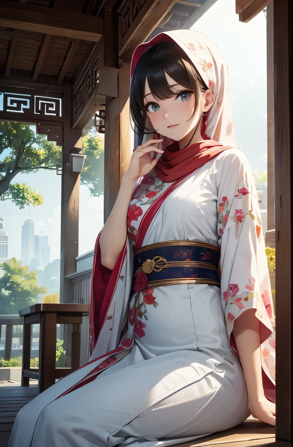 (Close-up of the painting style,Ultra HD 8K,Masterpiece grade CG wallpaper),Cinematic lighting,cute girly,Delicate and beautiful face,Dreamy pupils,Wearing a small floral short summerdresound waist,hijabi,Bust poem,Sit,Cloudy background,the trees,florals,夏天,Chinese style buildings。