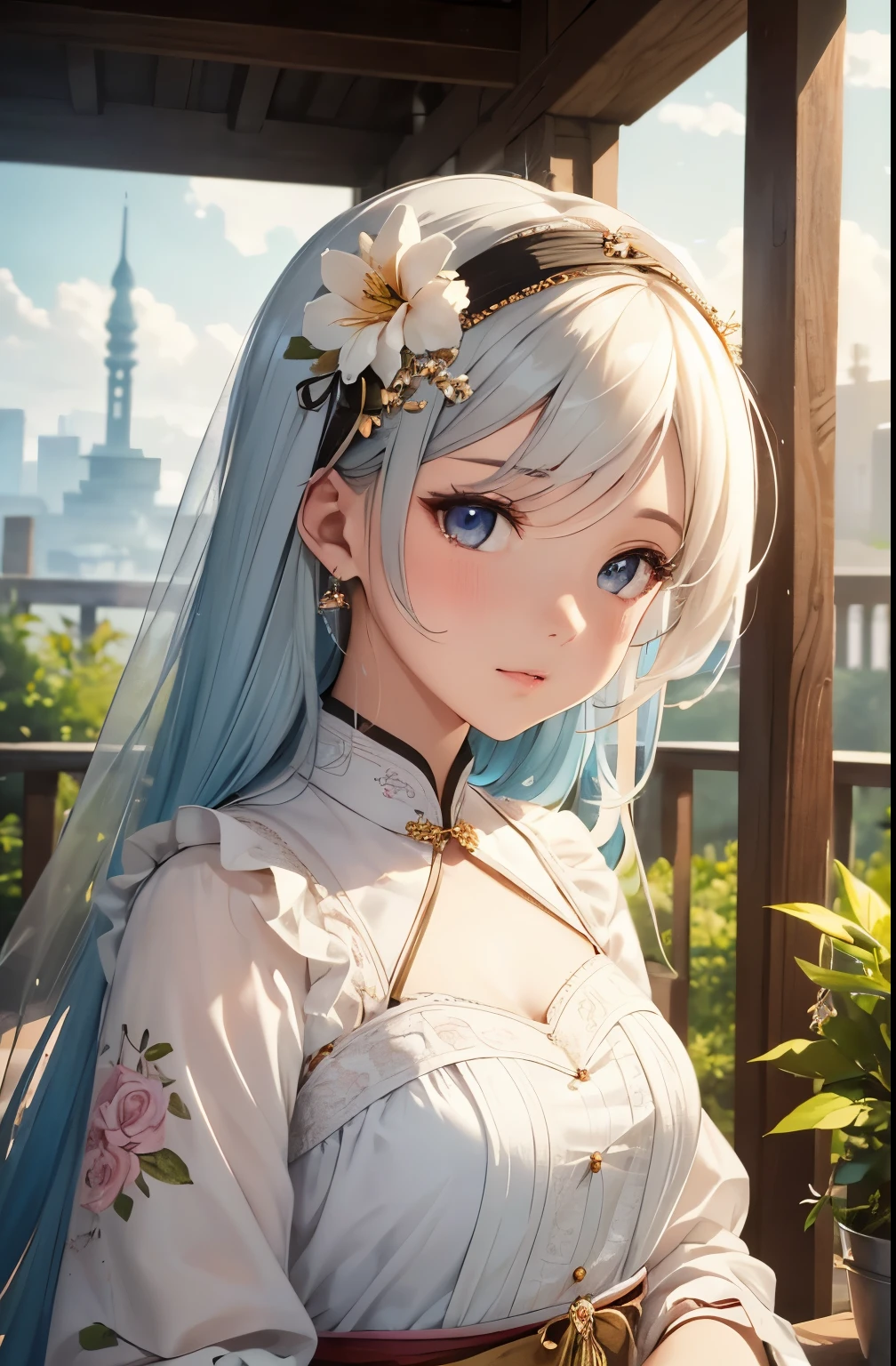 (Close-up of the painting style，Ultra HD 8K，Masterpiece grade CG wallpaper)，Cinematic lighting，cute girly，Delicate and beautiful face，Dreamy pupils，Wearing a small floral short summerdresound waist,hijabi,Bust poem,Sit，Cloudy background,the trees,florals,夏天,Chinese style buildings。