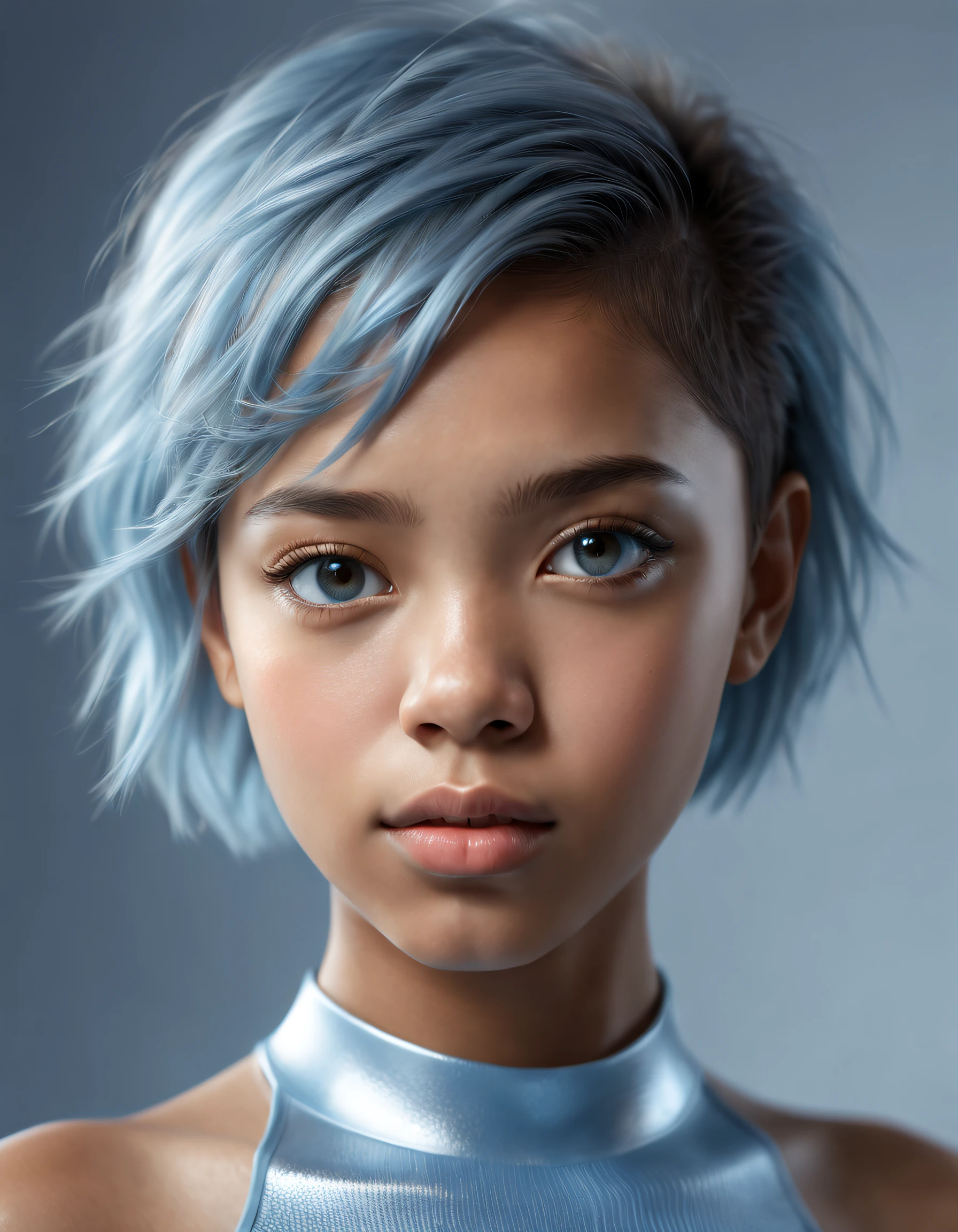 (best quality, Altas:1.2), (ultra-detalhado, extremamente detalhado), close-up portrait of a mixed-race girl, in Vray rendering style, Eduardo Cucuel, e Miki Asai. The girl has a short hairstyle and is illuminated by soft lighting. It is captured from a low angle, com o rosto brilhando com um tom prateado e azul claro.