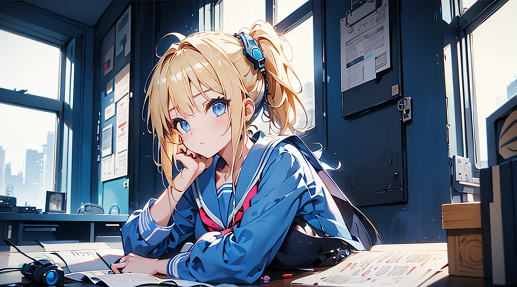 (1 girl, blonde hair, ponytail, blue eyes, sailor suit, headphone, studying, kawaii), (blue cyberpunk, room with big window, blue neon)