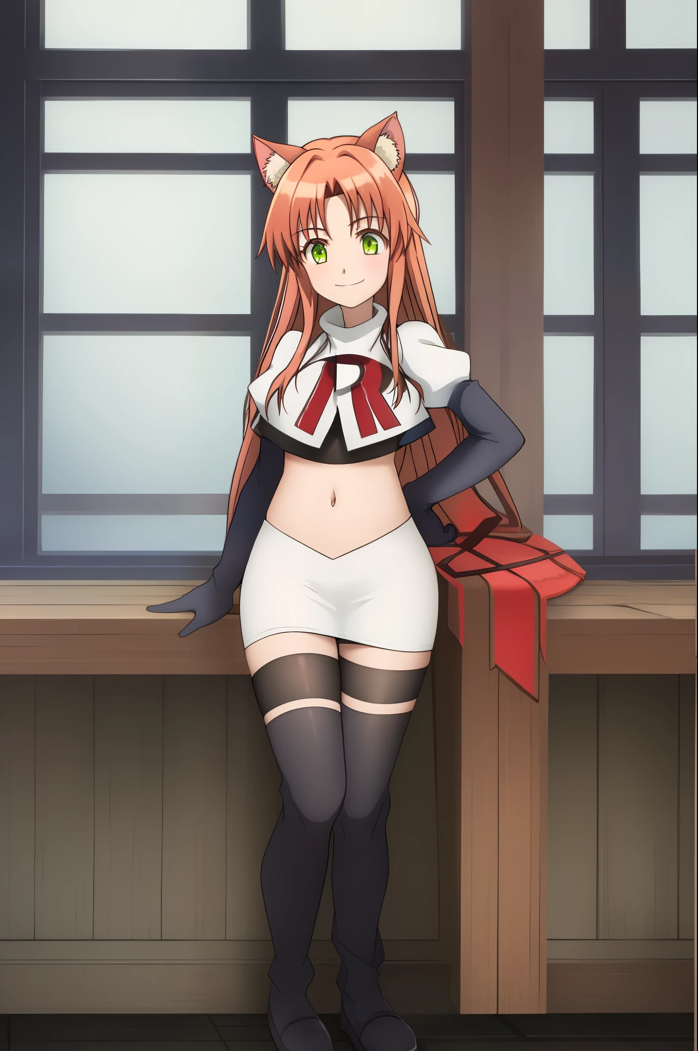 kanade, anime art style, 1girl, solo, long_hair, breasts, looking_at_viewer, smile, bangs, brown_hair, ribbon, animal_ears, very_long_hair, closed_mouth, green_eyes, hair_ribbon, cat_ears, red_ribbon, animal_ear_fluff, team rocket, team rocket uniform, red letter R, white skirt, white crop top, black thigh-high boots, black elbow gloves,