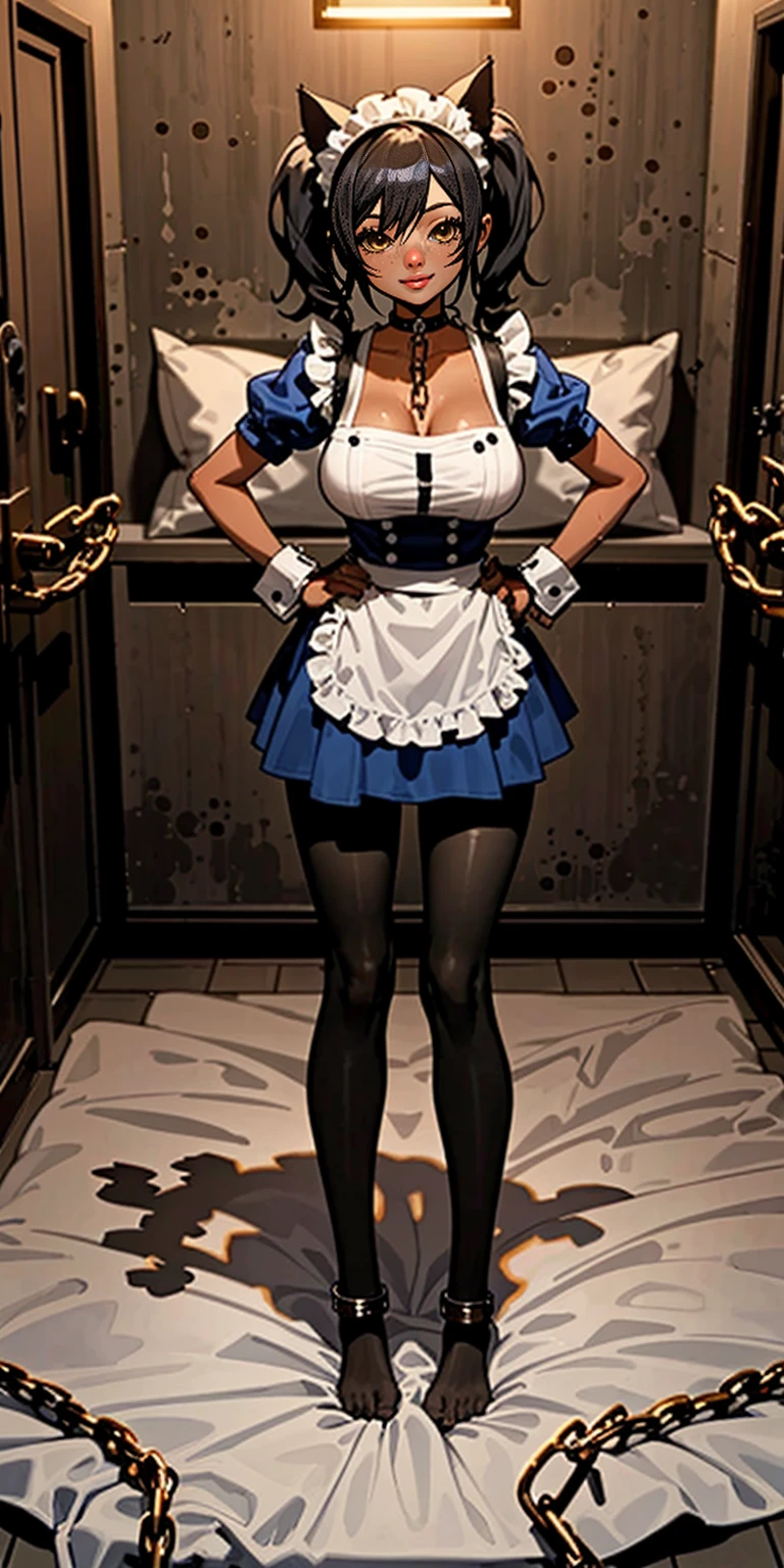 SFW, SLAVE FEMALE, Maid for sale. An African (very black skin) domestic worker for text "US dollar" full body, barefoot, standing straight symmetrical, huge boob(masterpiece, best quality:1.2), smirking smile, red blush, wet body, looking at viewer, hands on hips, twintails, twin drills, dress, blue pantyhose, striped pantyhose, Handcuffs on their hands, With a collar around the neck, slave catgirl ((black choker, shackles on legs and armedroom background (bed, pillow, sheet))